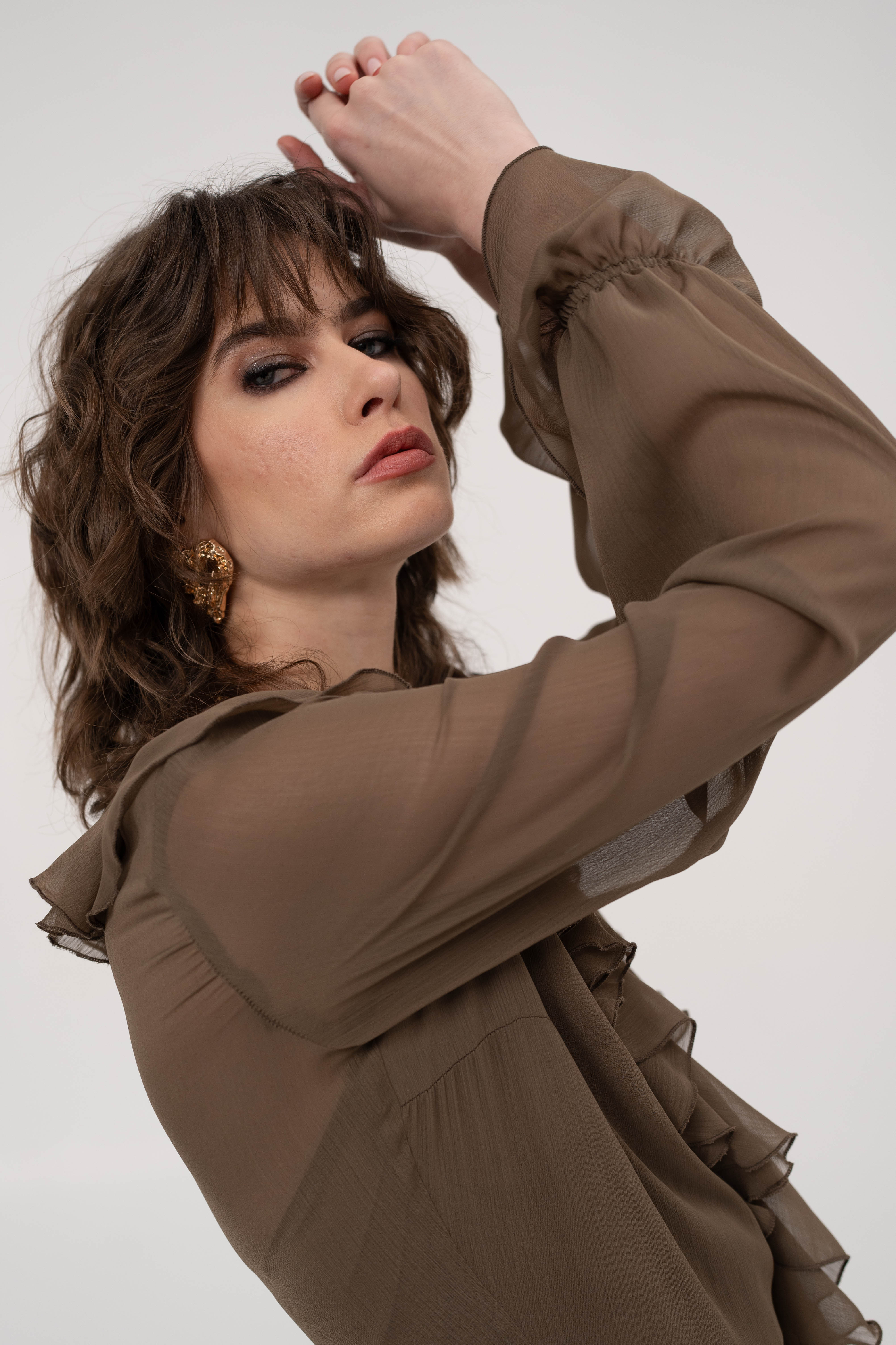 Ruffle chiffon midi dress with long sleeves in cappucicino - Down to earth, but ...