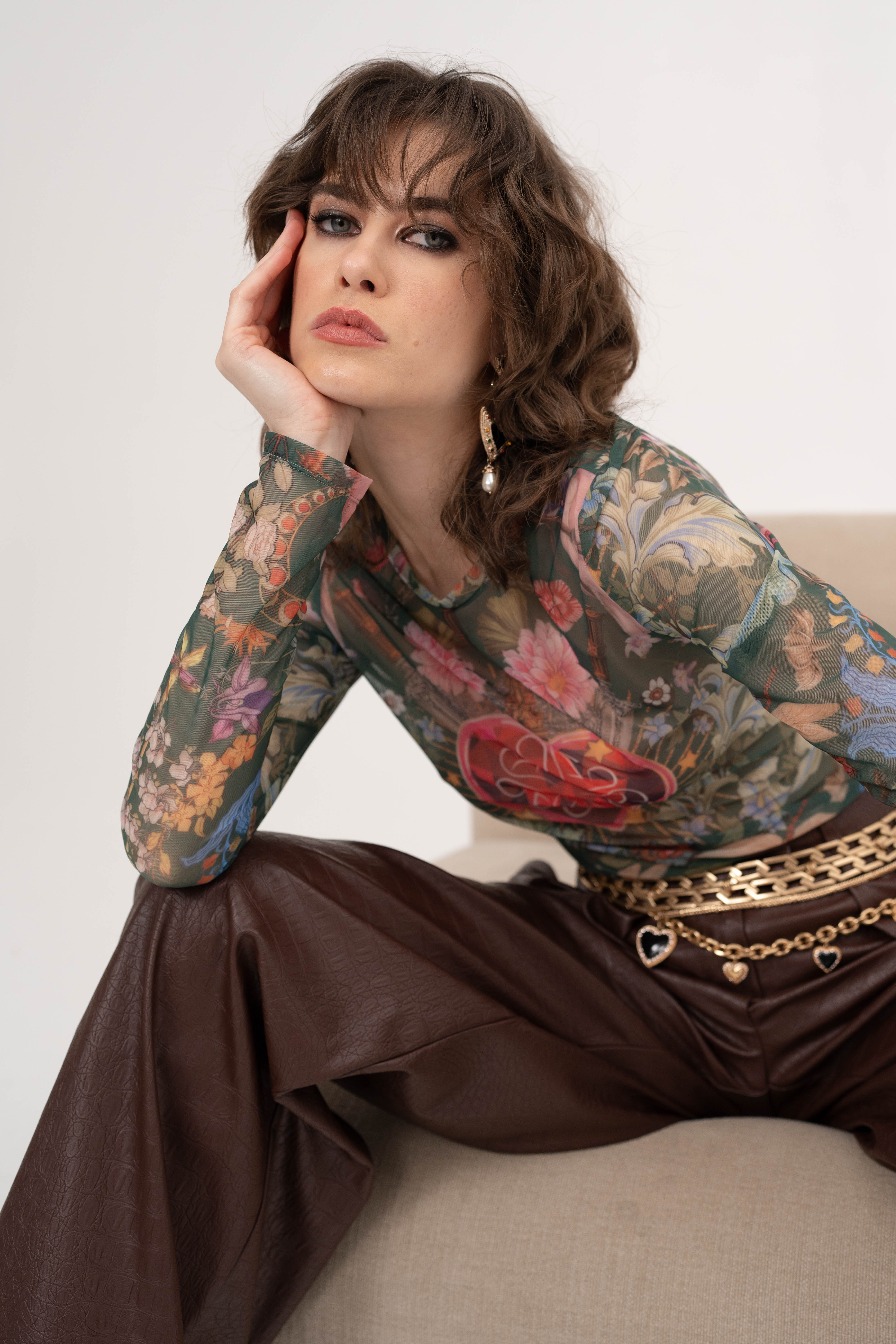 Printed Long Sleeve Mesh Top in Green - Graffiti Heart