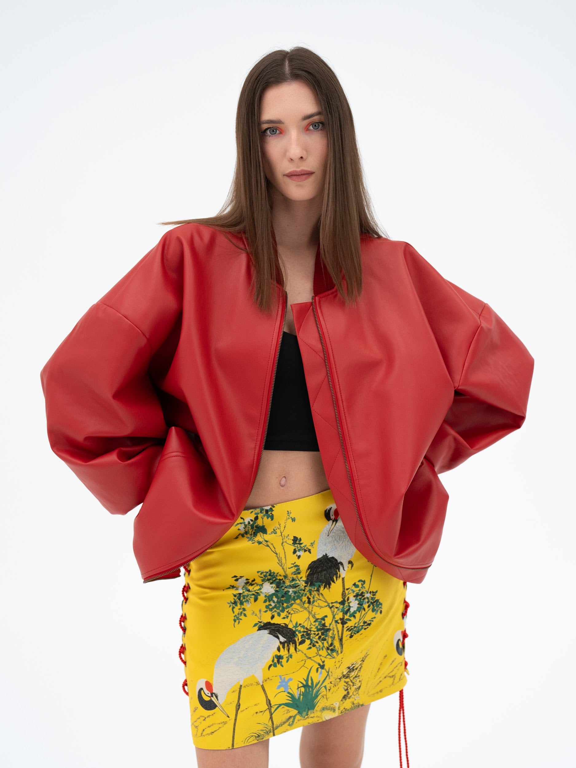 MUSUBI RED FAUX LEATHER BOMBER JACKET