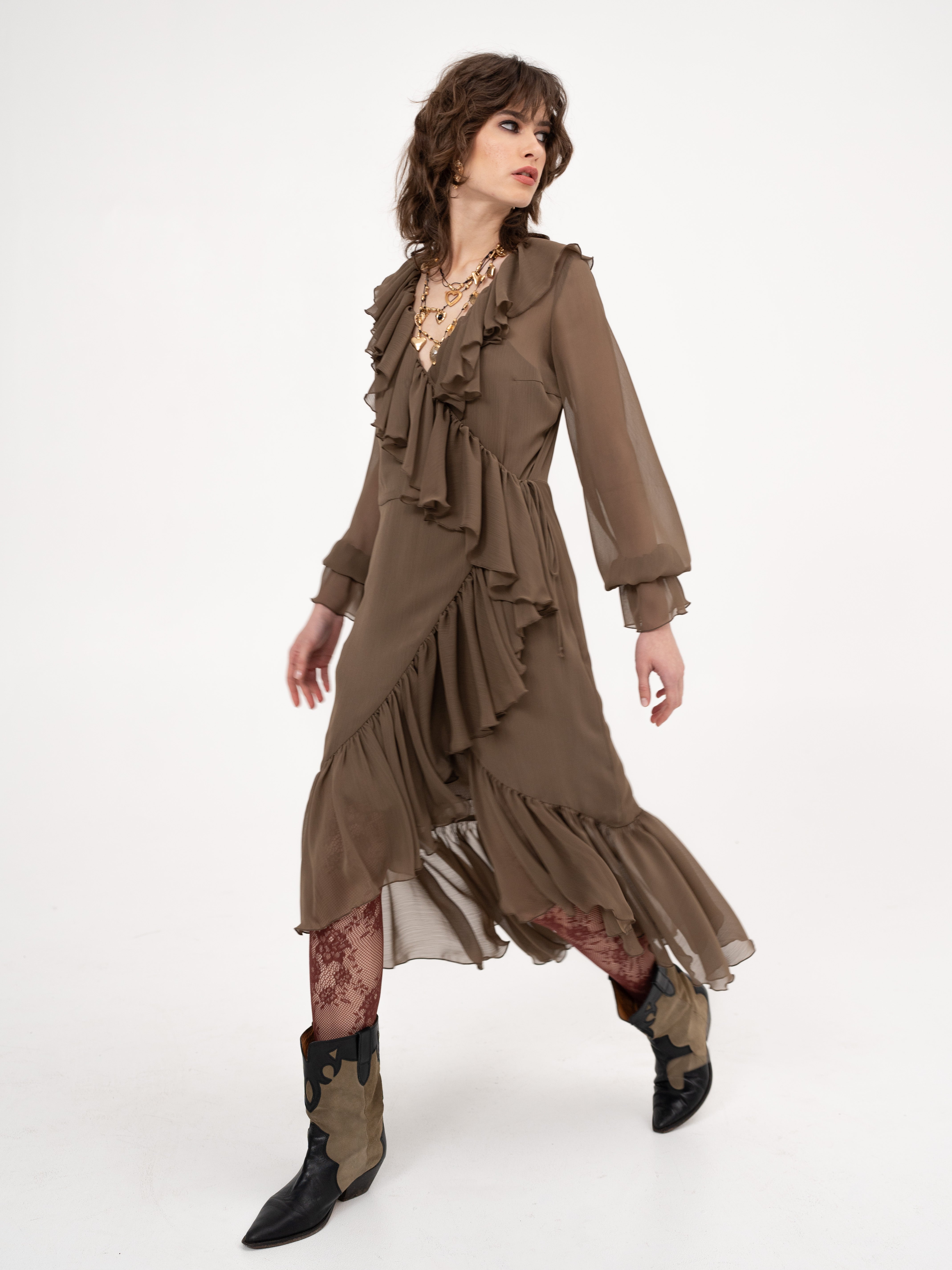 Ruffle chiffon midi dress with long sleeves in cappucicino - Down to earth, but ...