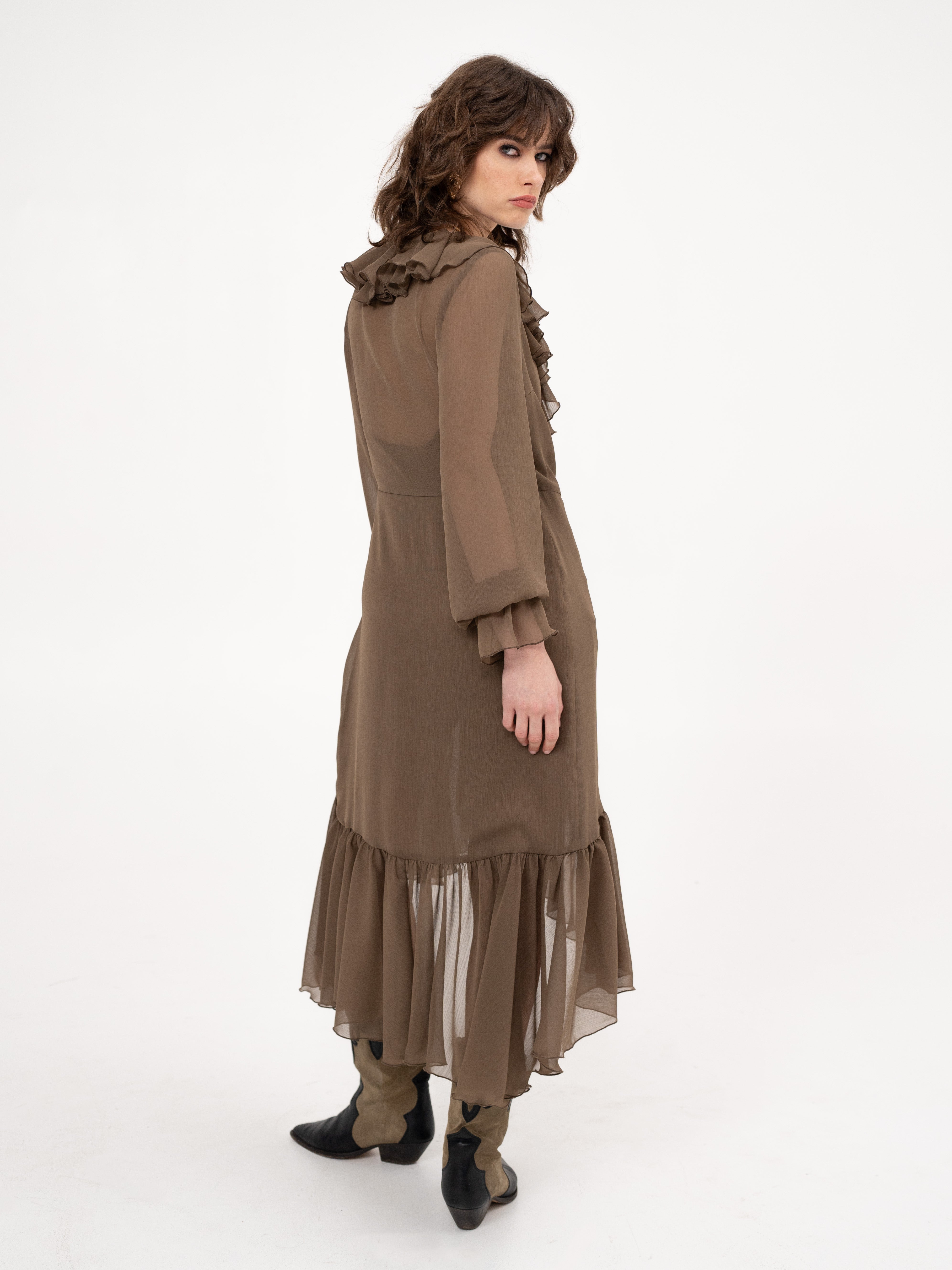 Ruffle chiffon midi dress with long sleeves in cappucicino - Down to earth, but ...