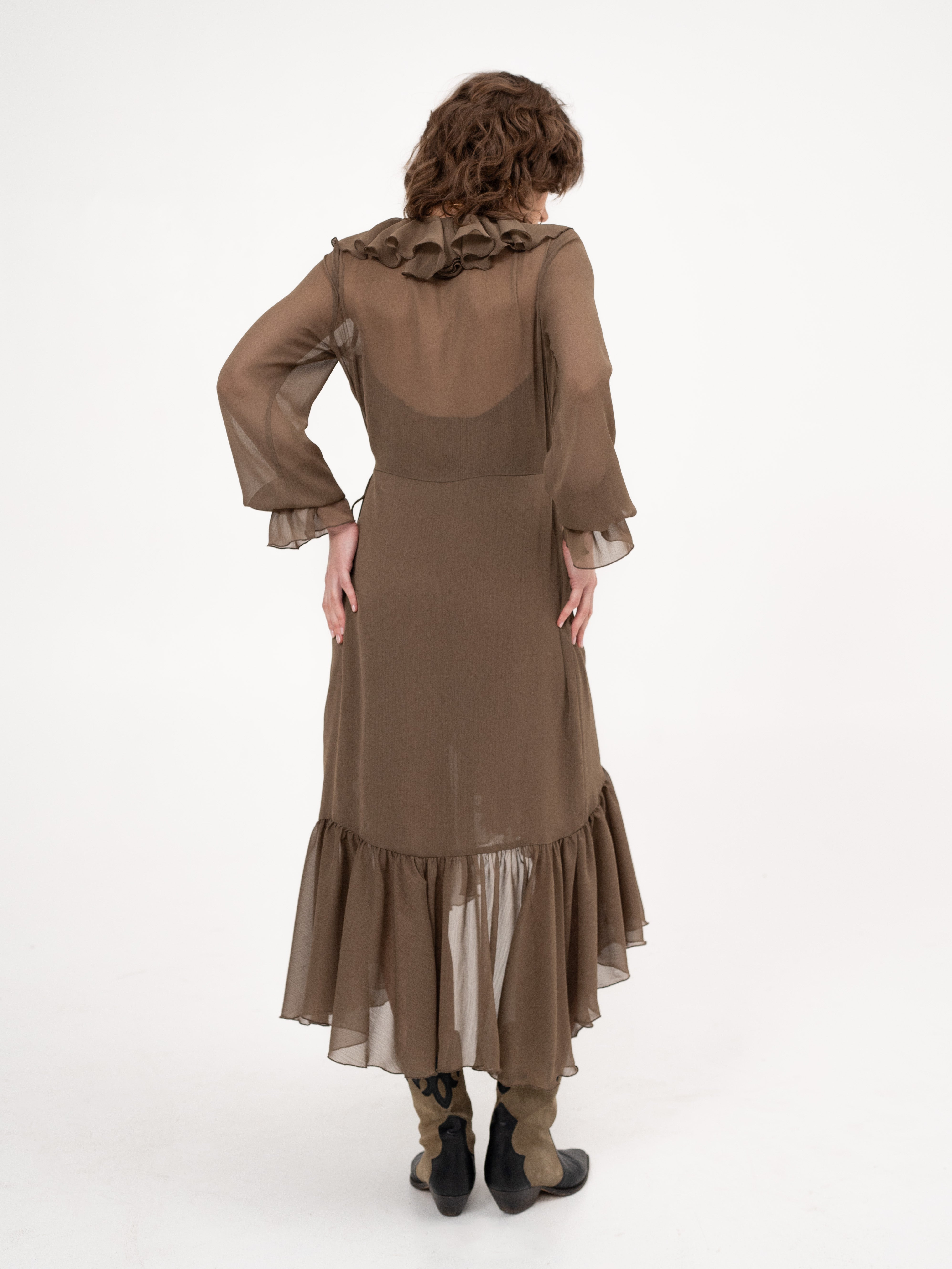 Ruffle chiffon midi dress with long sleeves in cappucicino - Down to earth, but ...