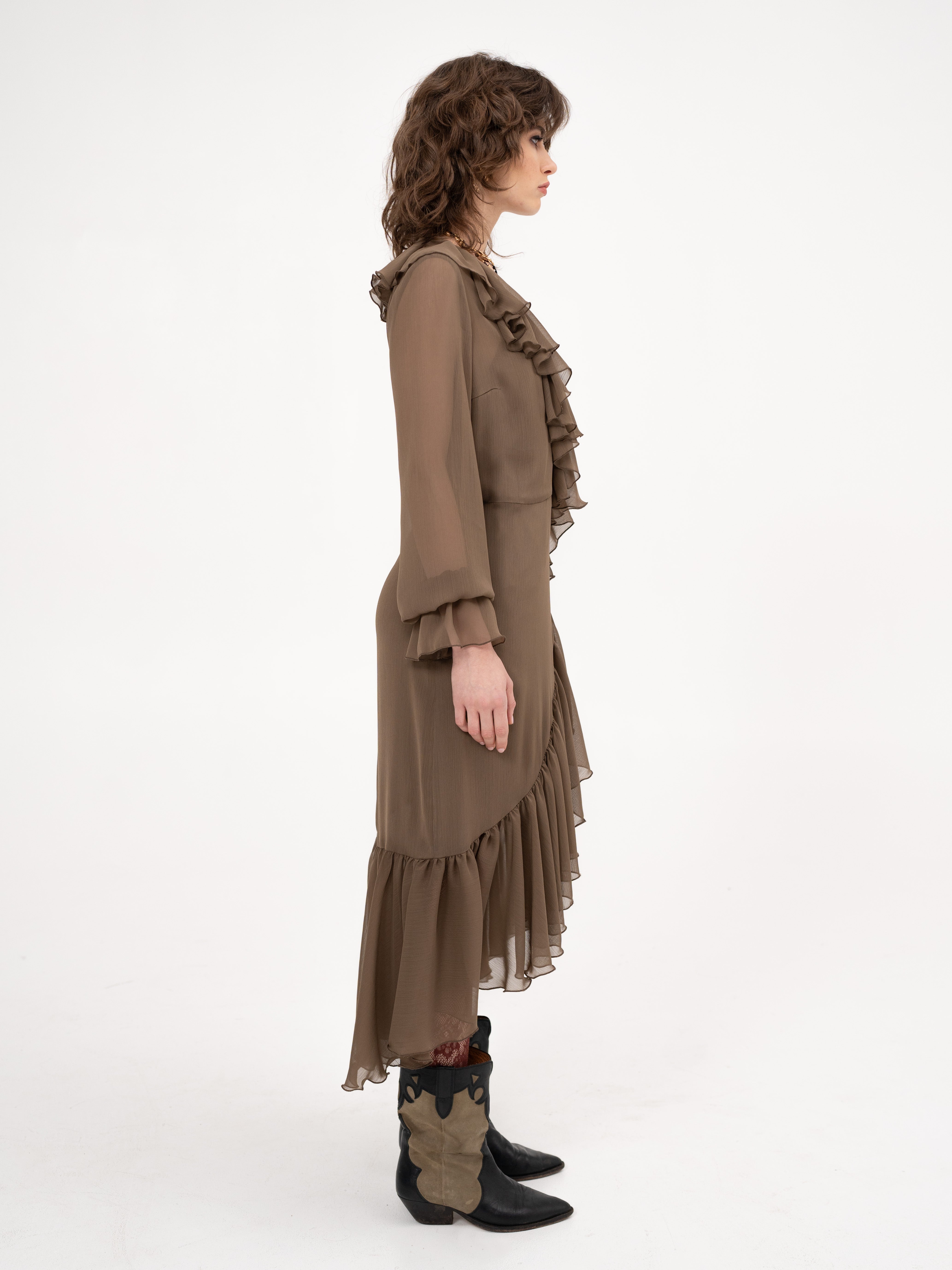 Ruffle chiffon midi dress with long sleeves in cappucicino - Down to earth, but ...