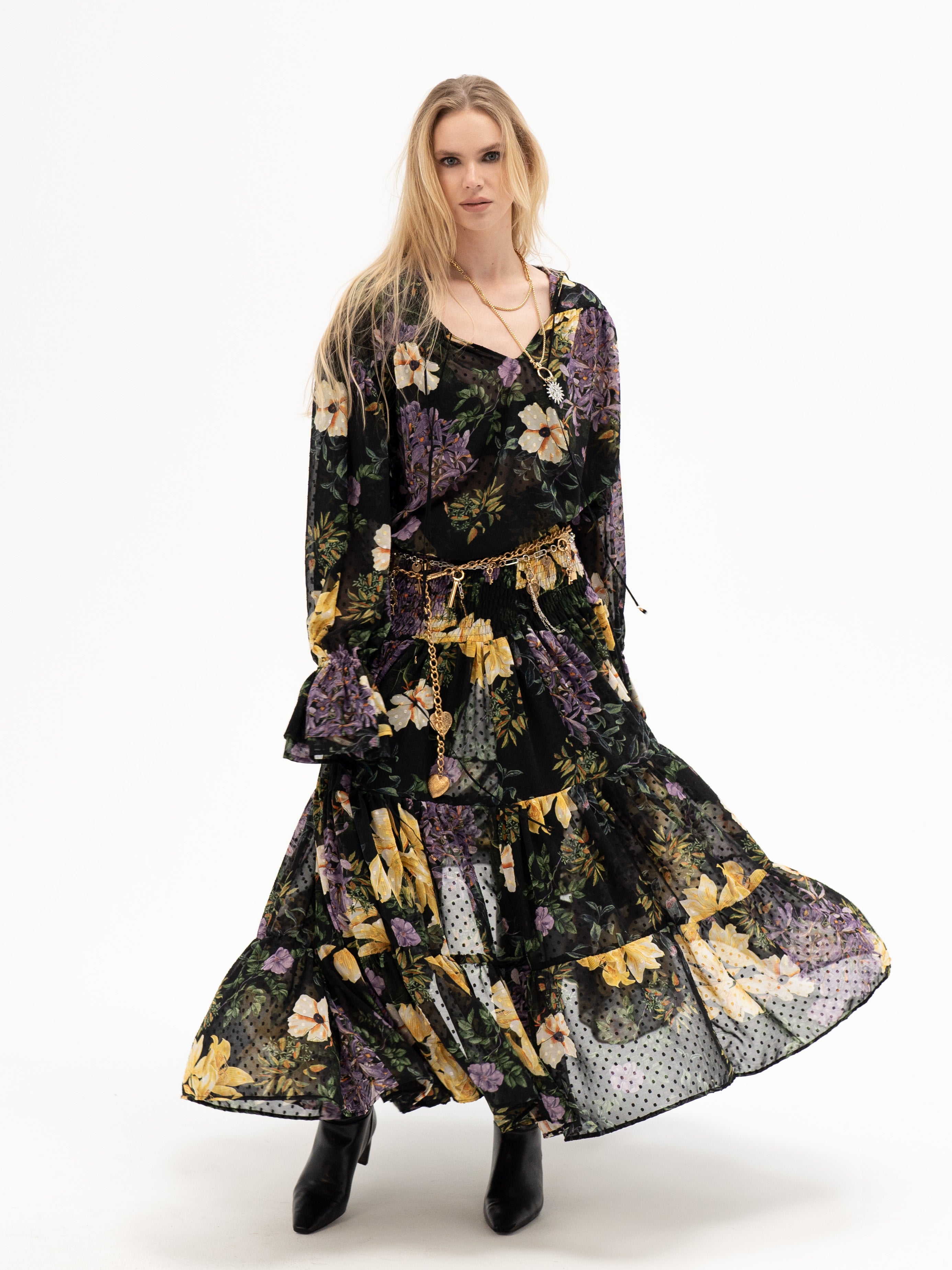 Maxi Layered Floral Skirt - Eiwaz Rune