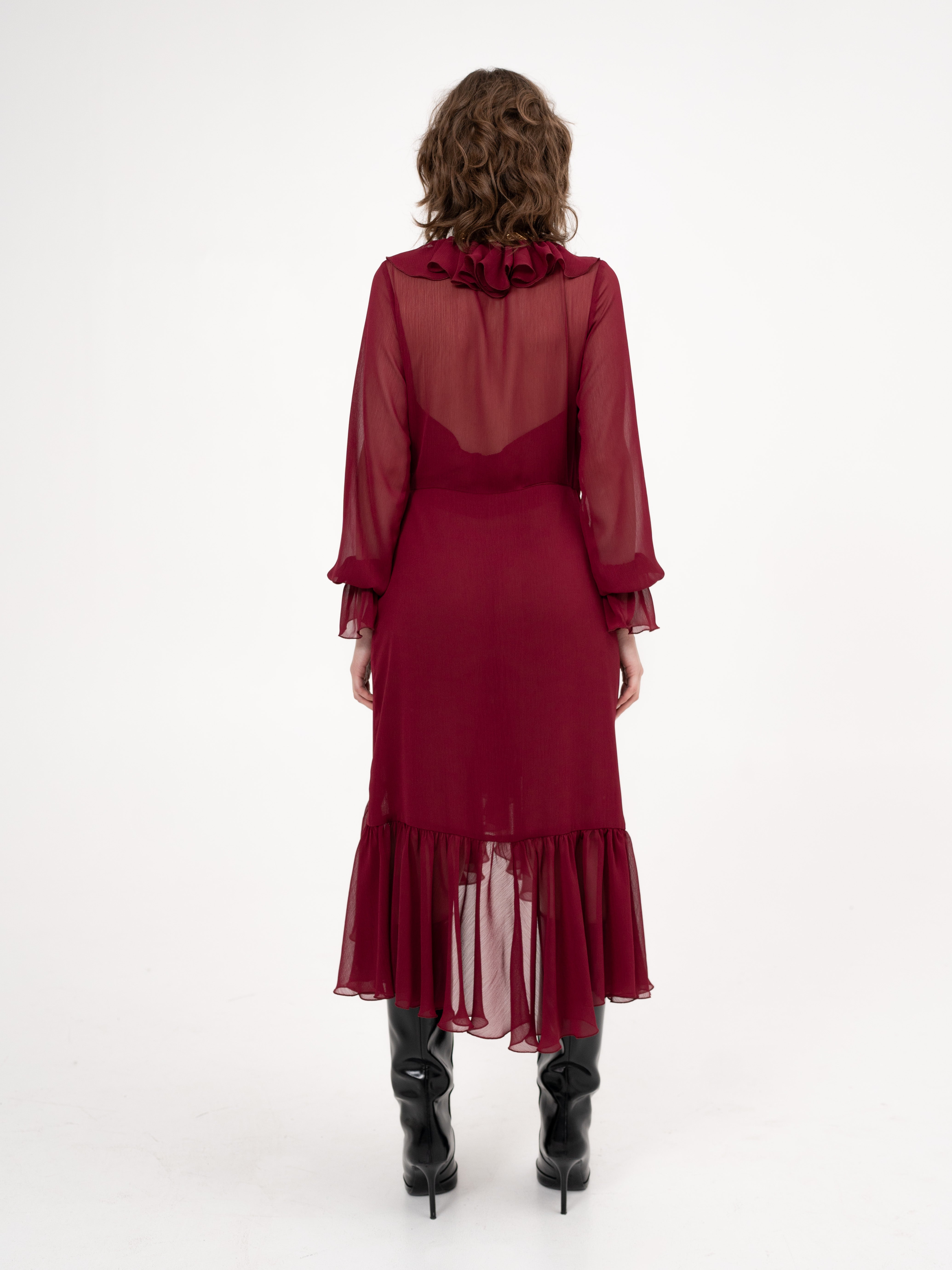 Ruffle chiffon midi dress with long sleeves in burgundy - Living for Love