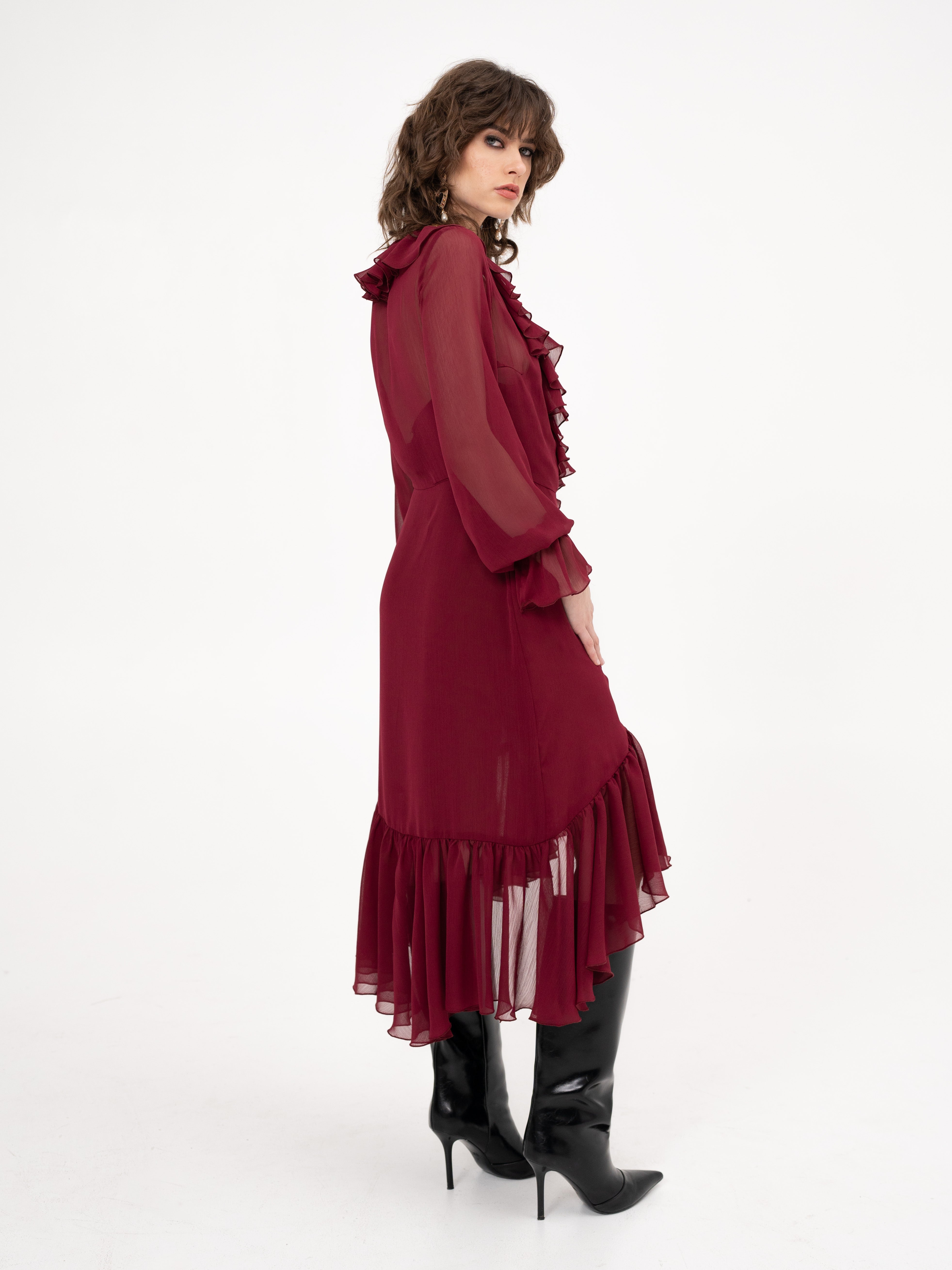 Ruffle chiffon midi dress with long sleeves in burgundy - Living for Love