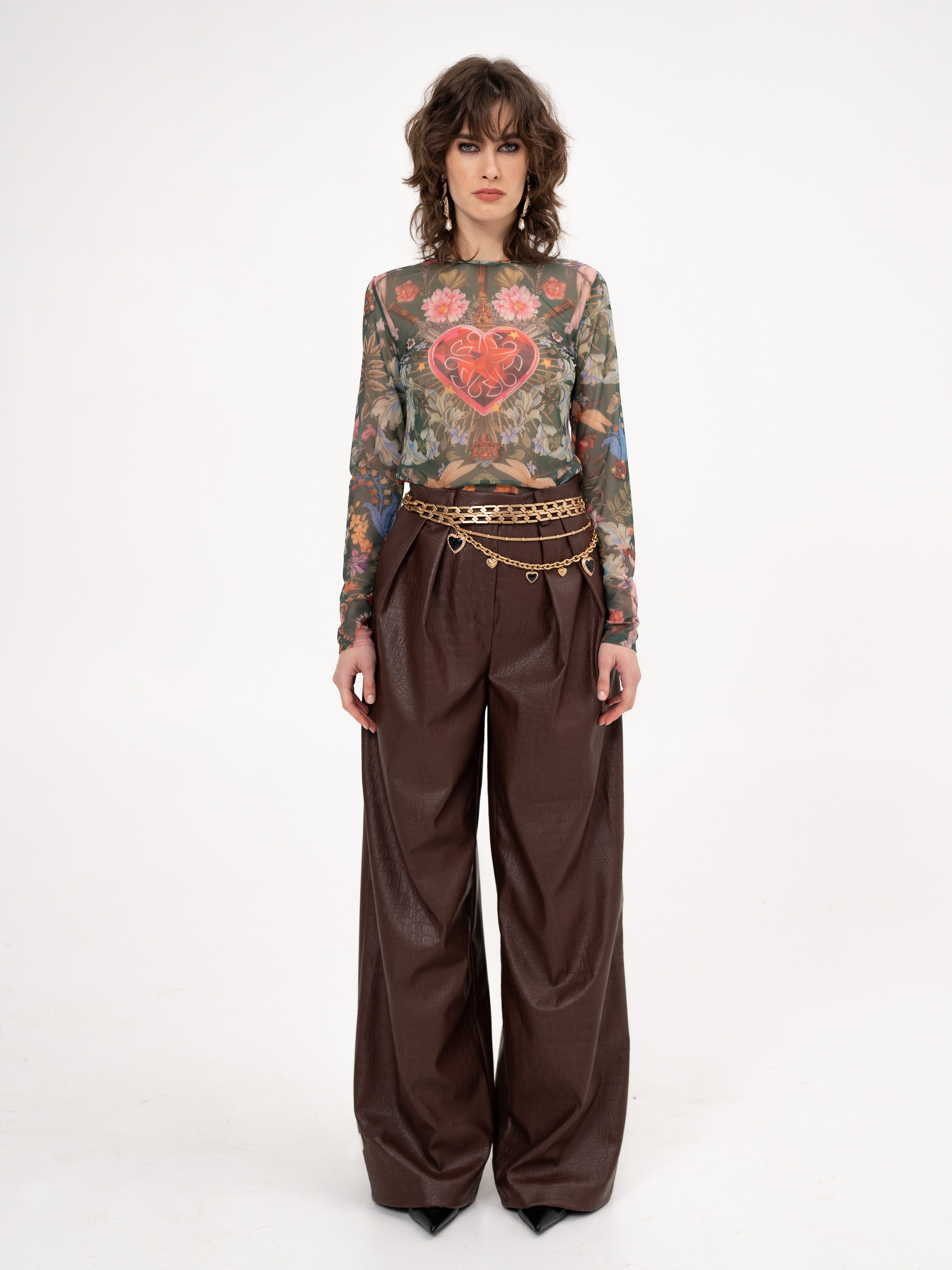 Faux leather croc effect wide leg pants in brown - Veni,vidi, vici