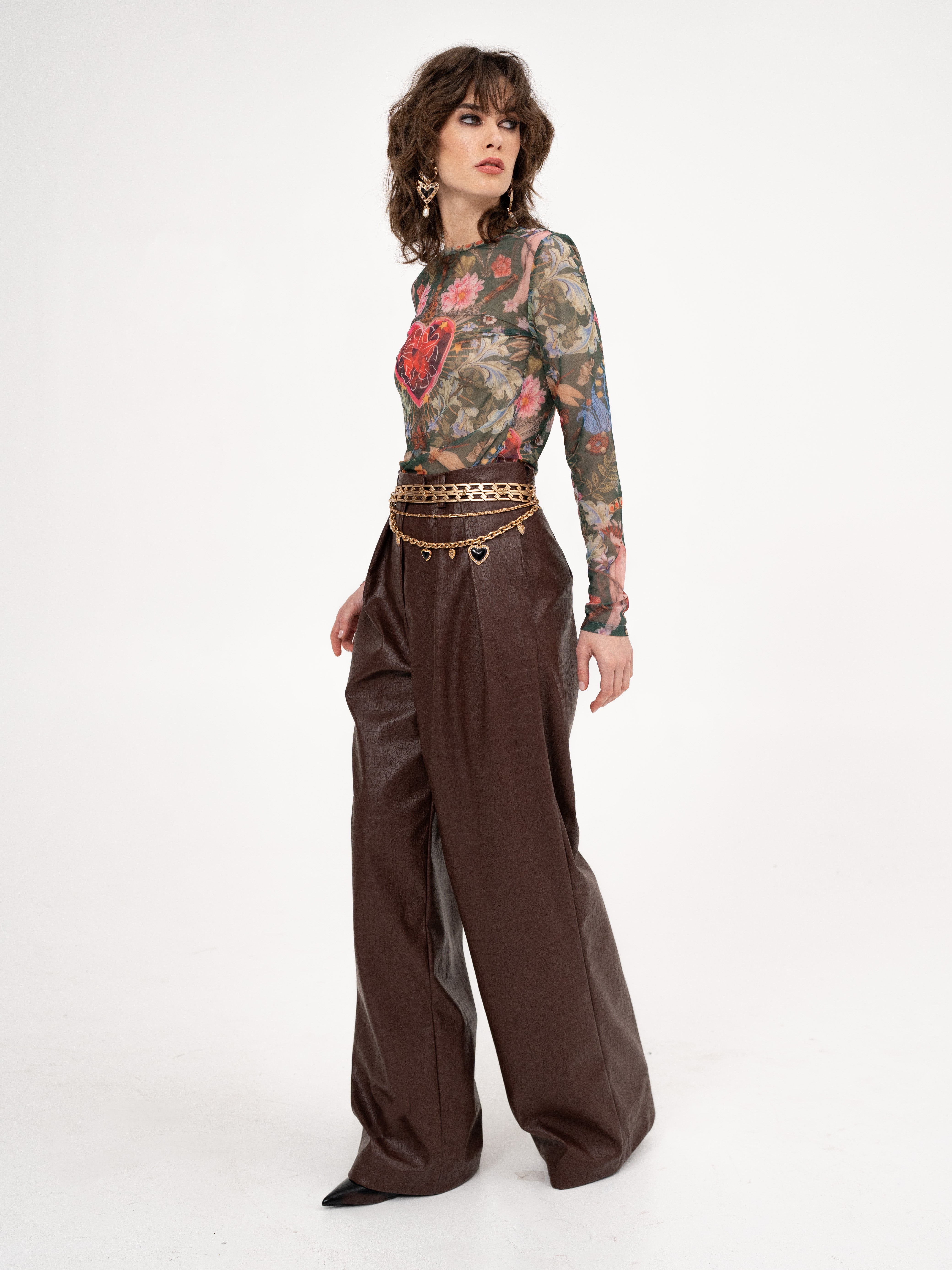 Faux leather croc effect wide leg pants in brown - Veni,vidi, vici