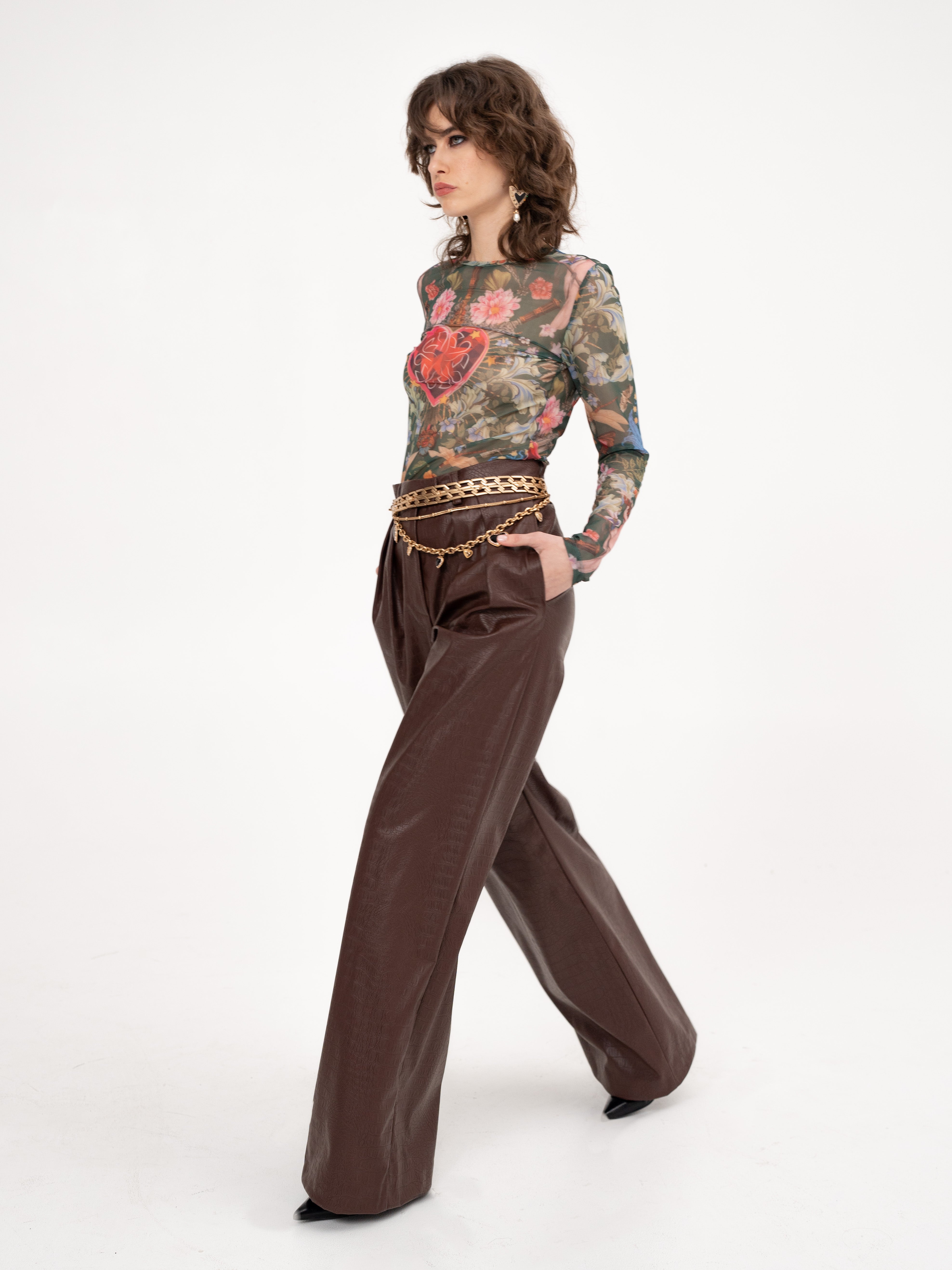 Printed Long Sleeve Mesh Top in Green - Graffiti Heart