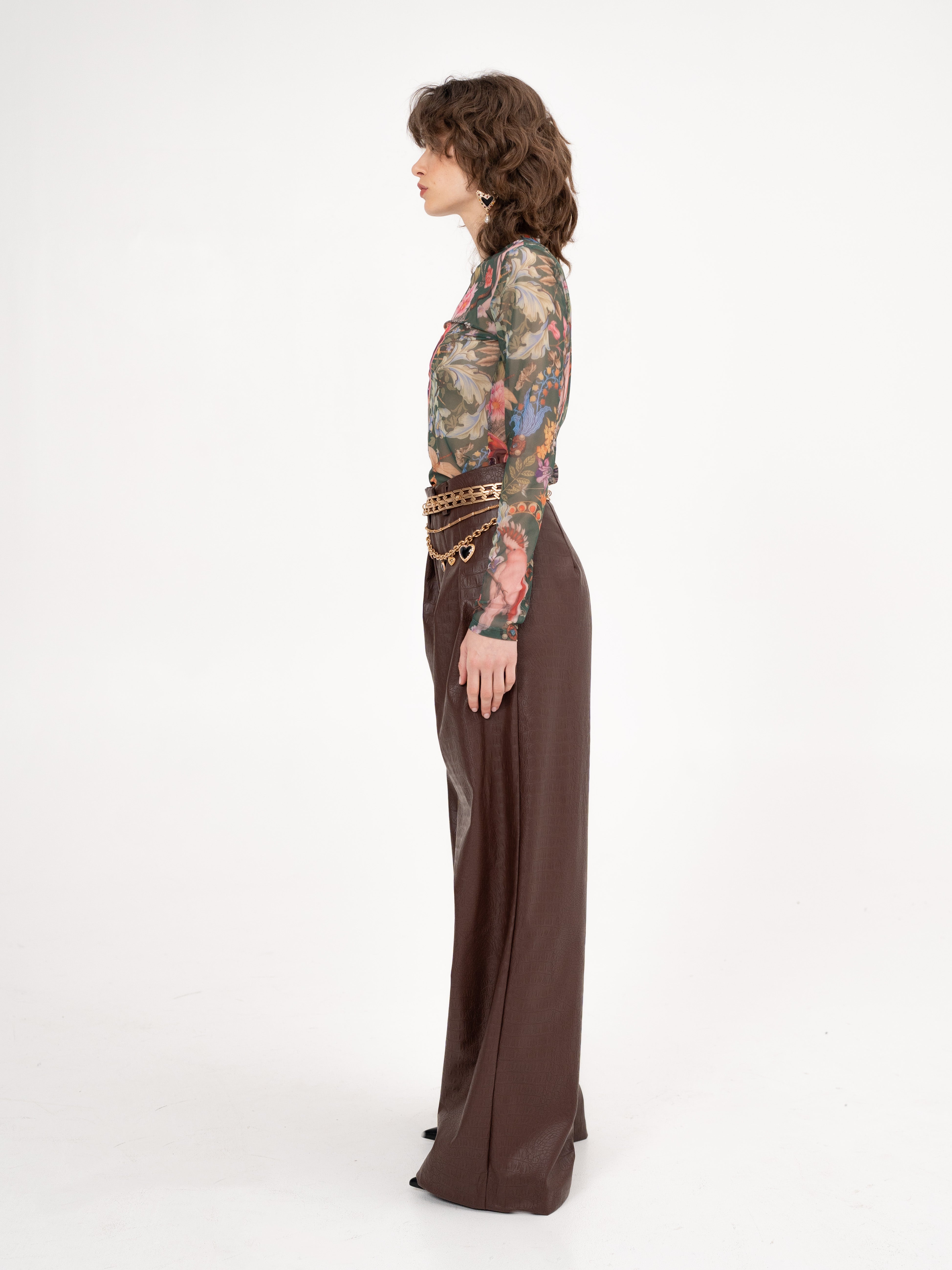 Faux leather croc effect wide leg pants in brown - Veni,vidi, vici