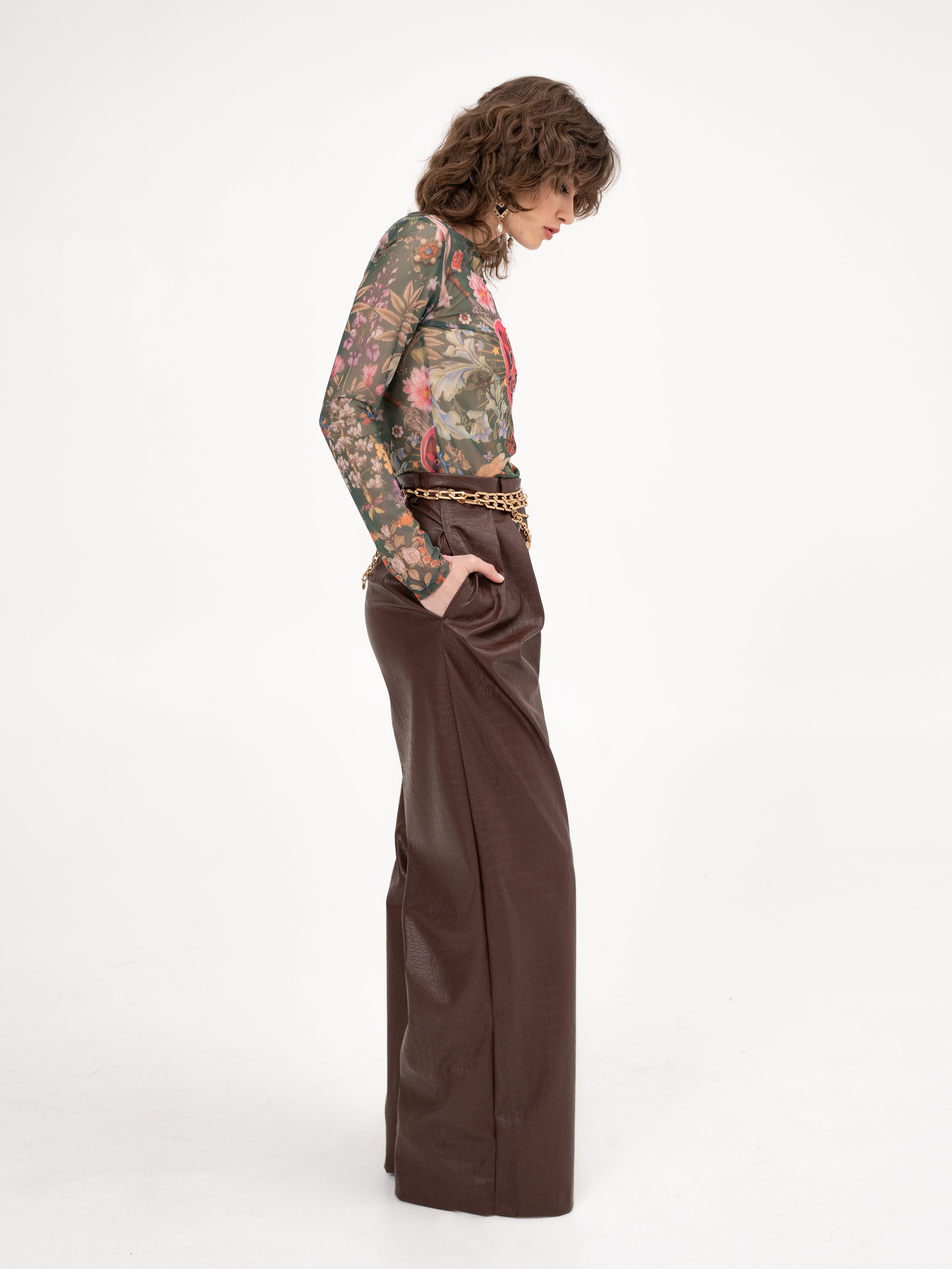 Faux leather croc effect wide leg pants in brown - Veni,vidi, vici