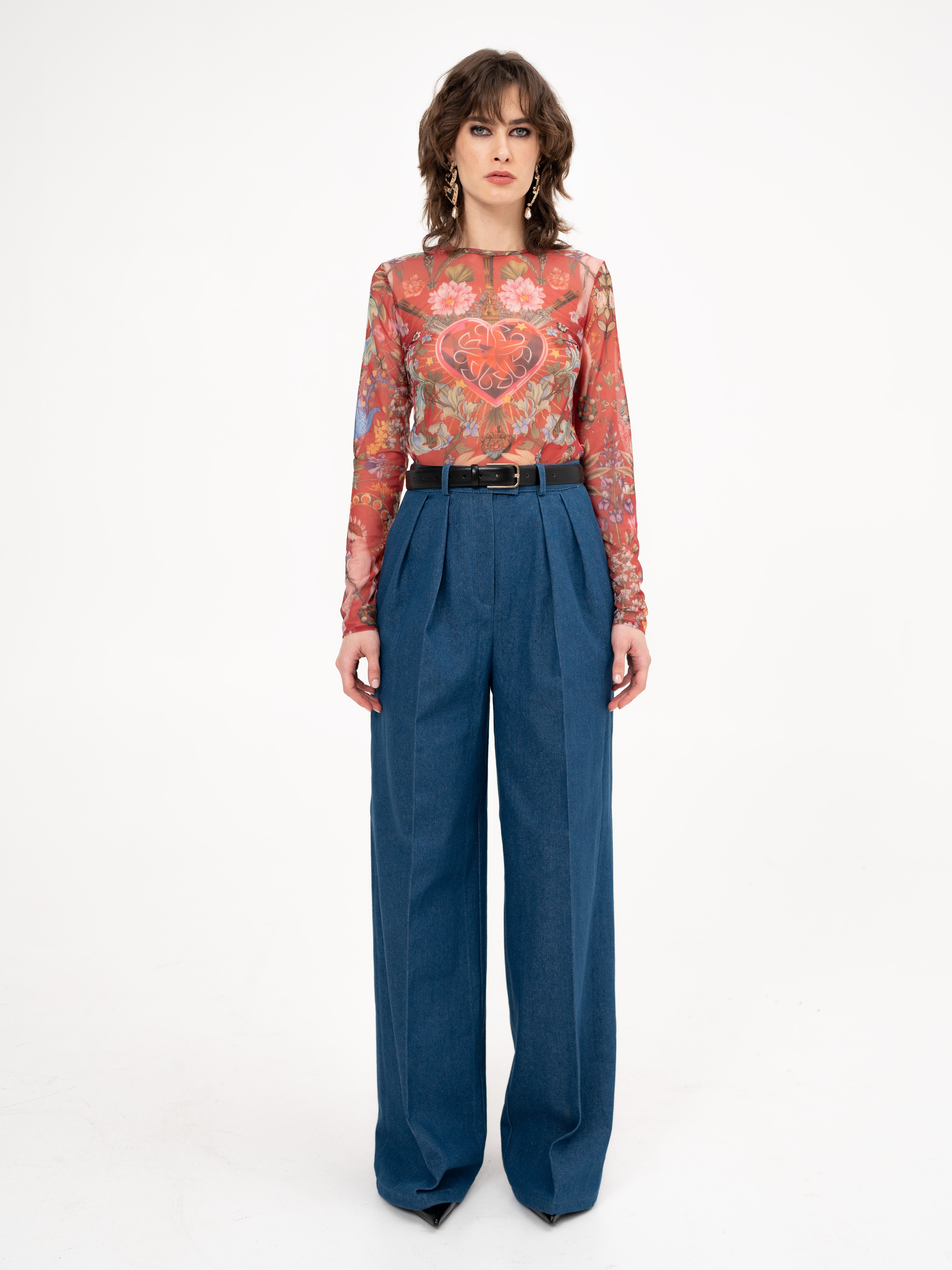 Printed Long Sleeve Mesh Top in burgundy - Rebel Heart