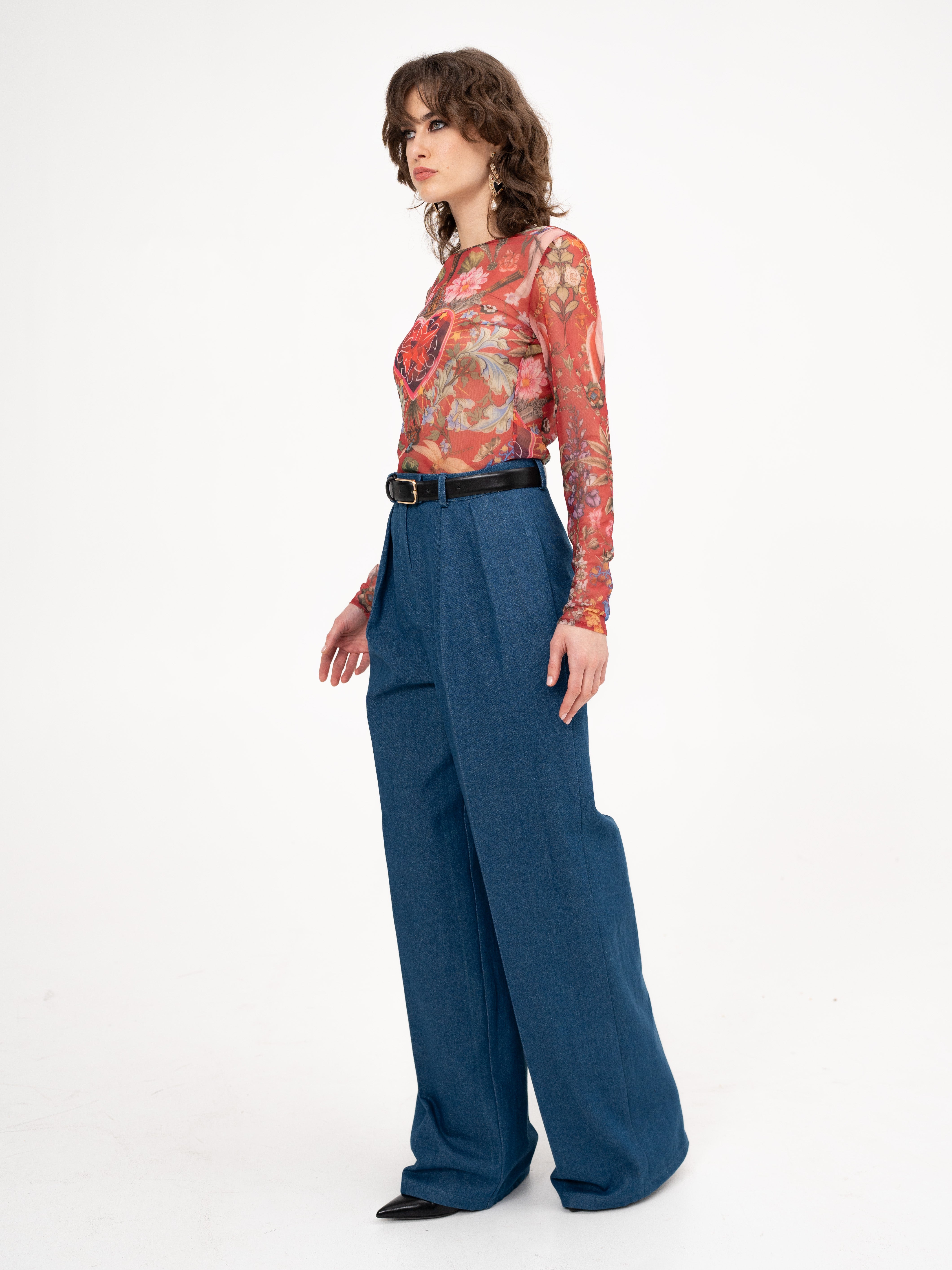 Printed Long Sleeve Mesh Top in burgundy - Rebel Heart