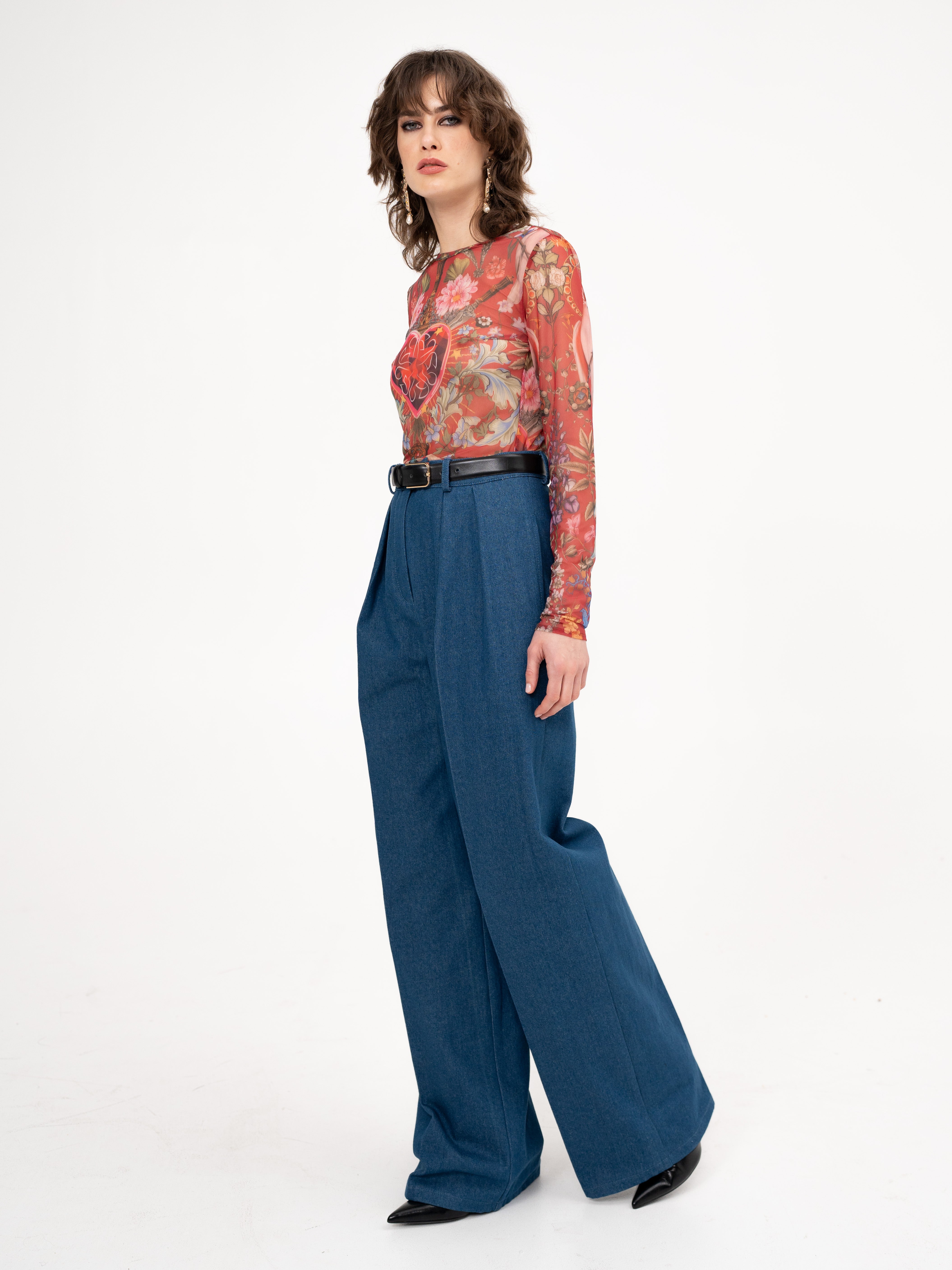Printed Long Sleeve Mesh Top in burgundy - Rebel Heart