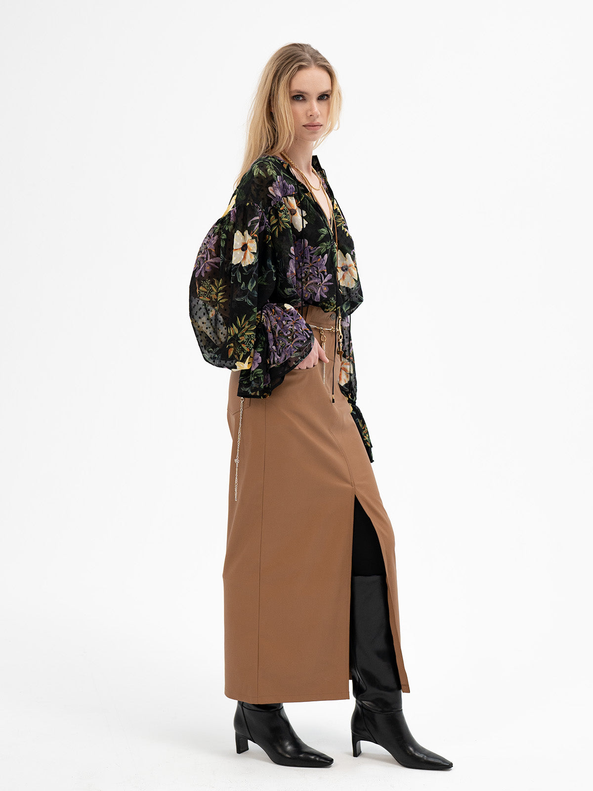 Faux Leather Midi Skirt - Gebo Rune