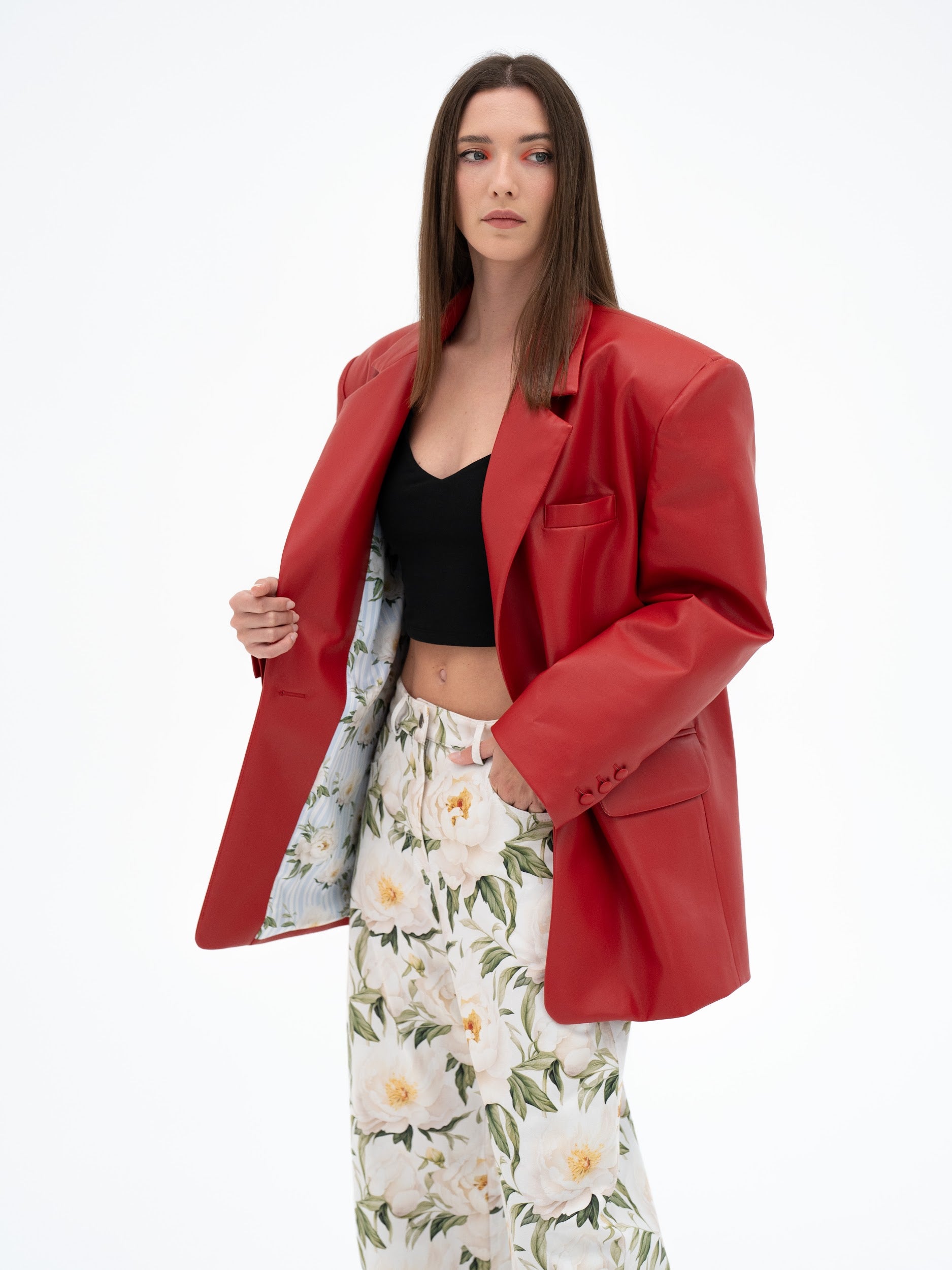 KAEN RED FAUX OVERSIZED BLAZER