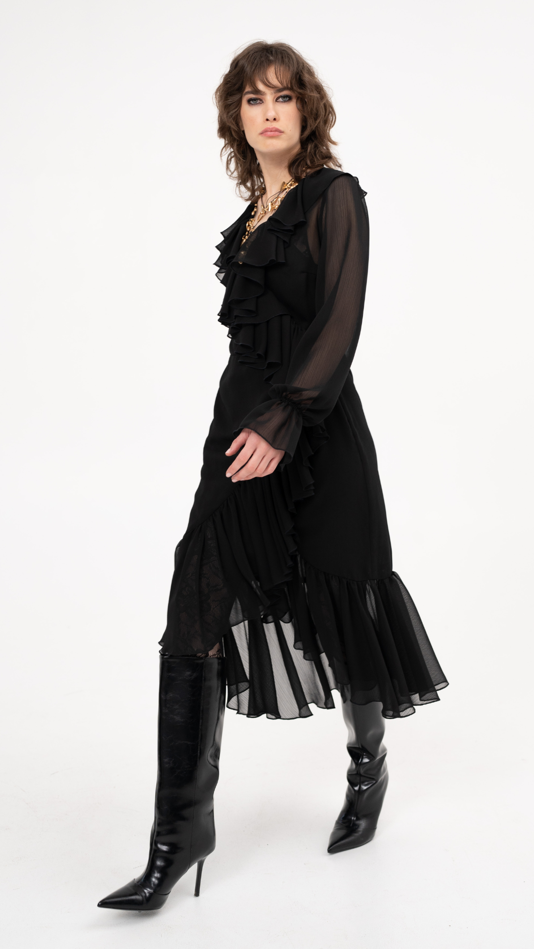 Ruffle chiffon midi dress with long sleeves in black- Heart Break City