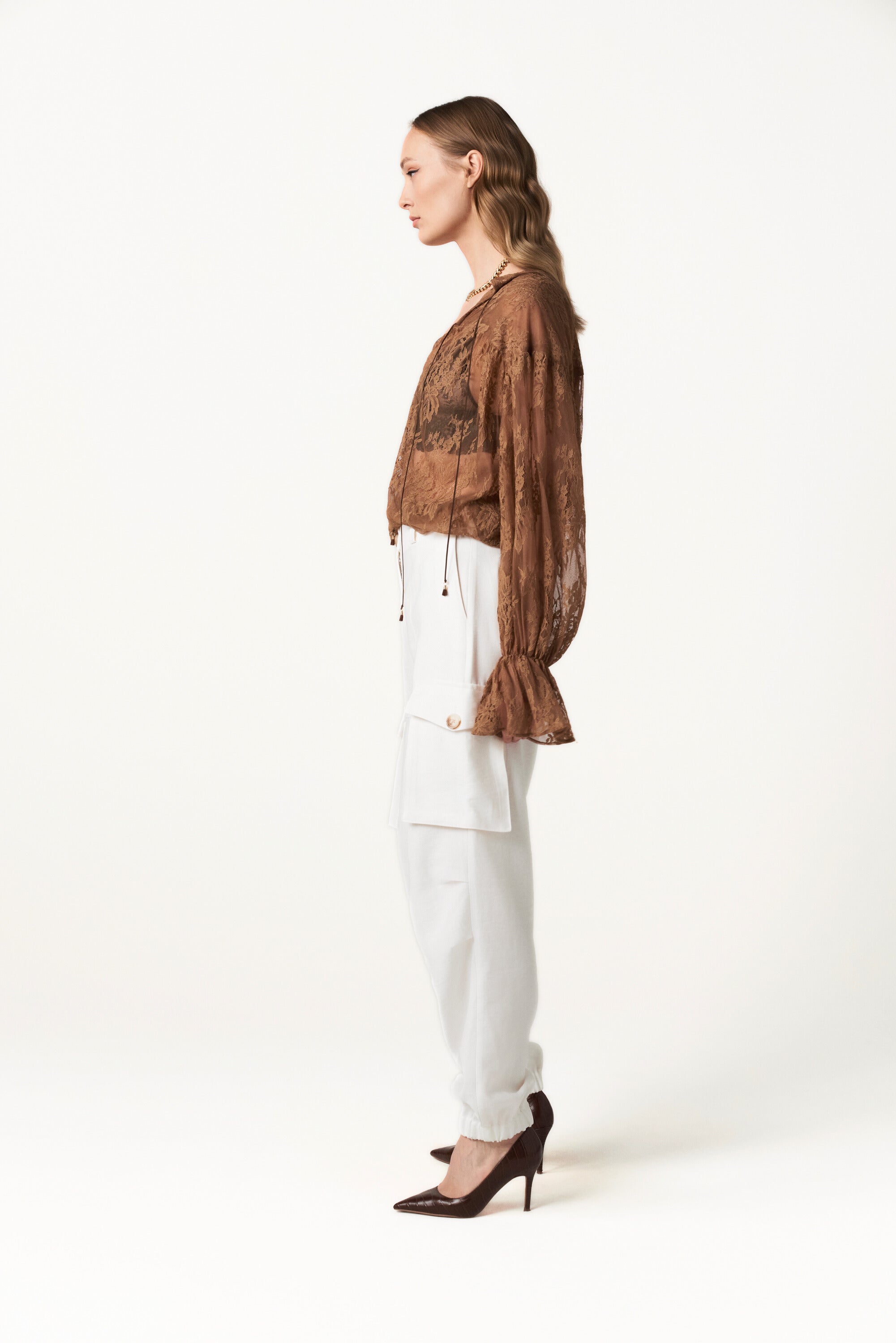 Sheer Brown Lace Blouse with Ties - Through the Light