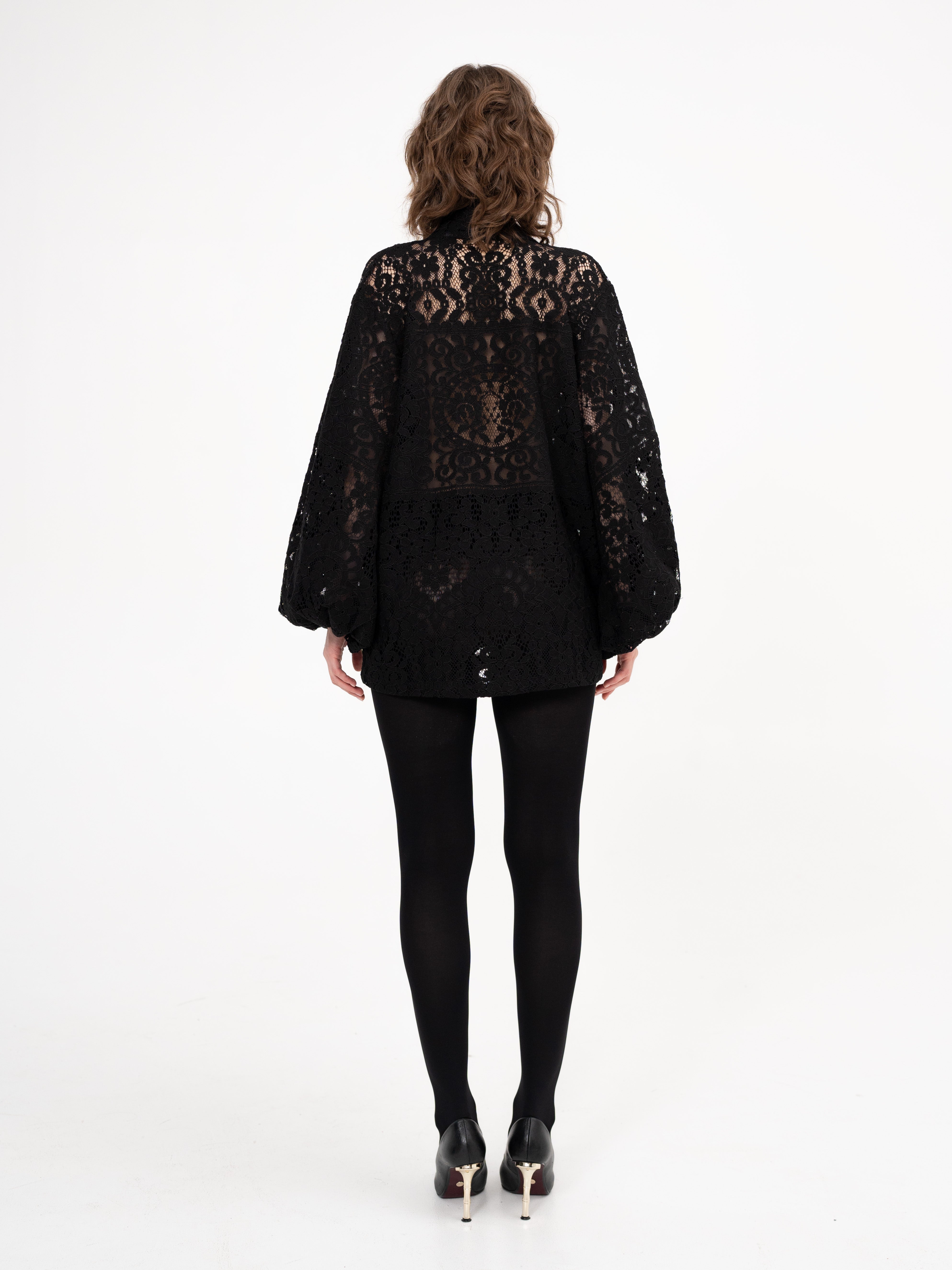 Pussy-bow lace shirt in black - Devil Pray