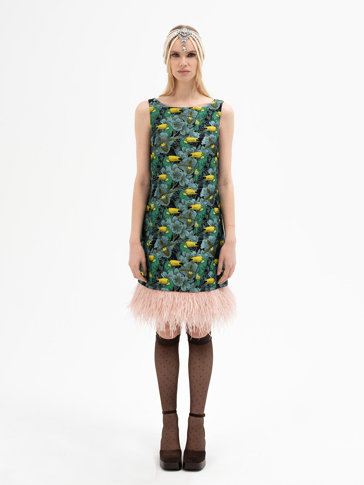 Silk Jacquard Feather Dress - Mannaz Rune