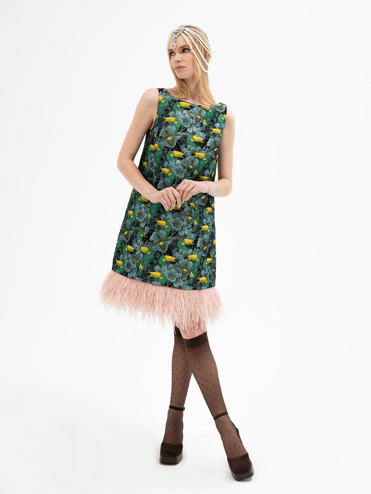Silk Jacquard Feather Dress - Mannaz Rune