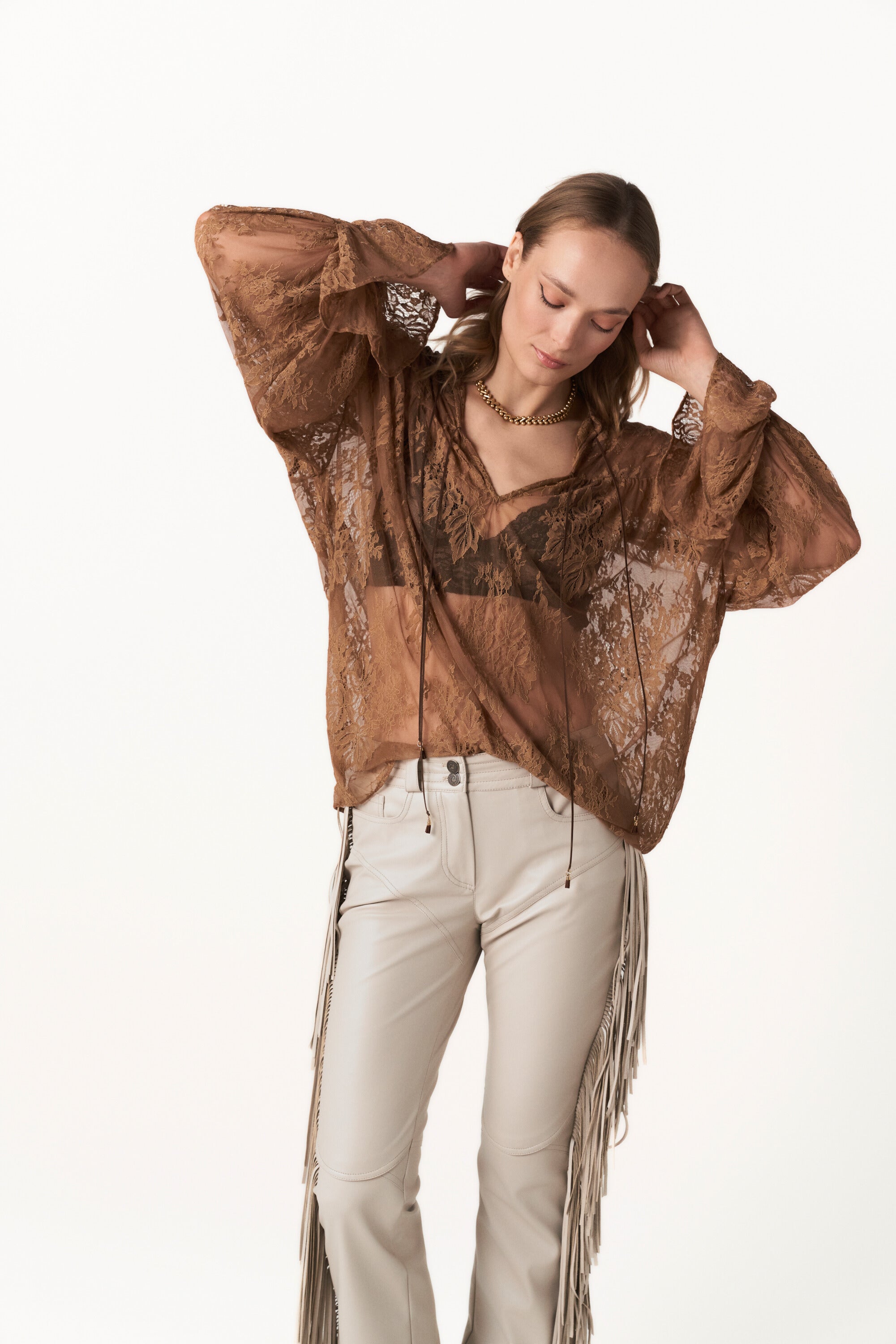 Sheer Brown Lace Blouse with Ties - Through the Light