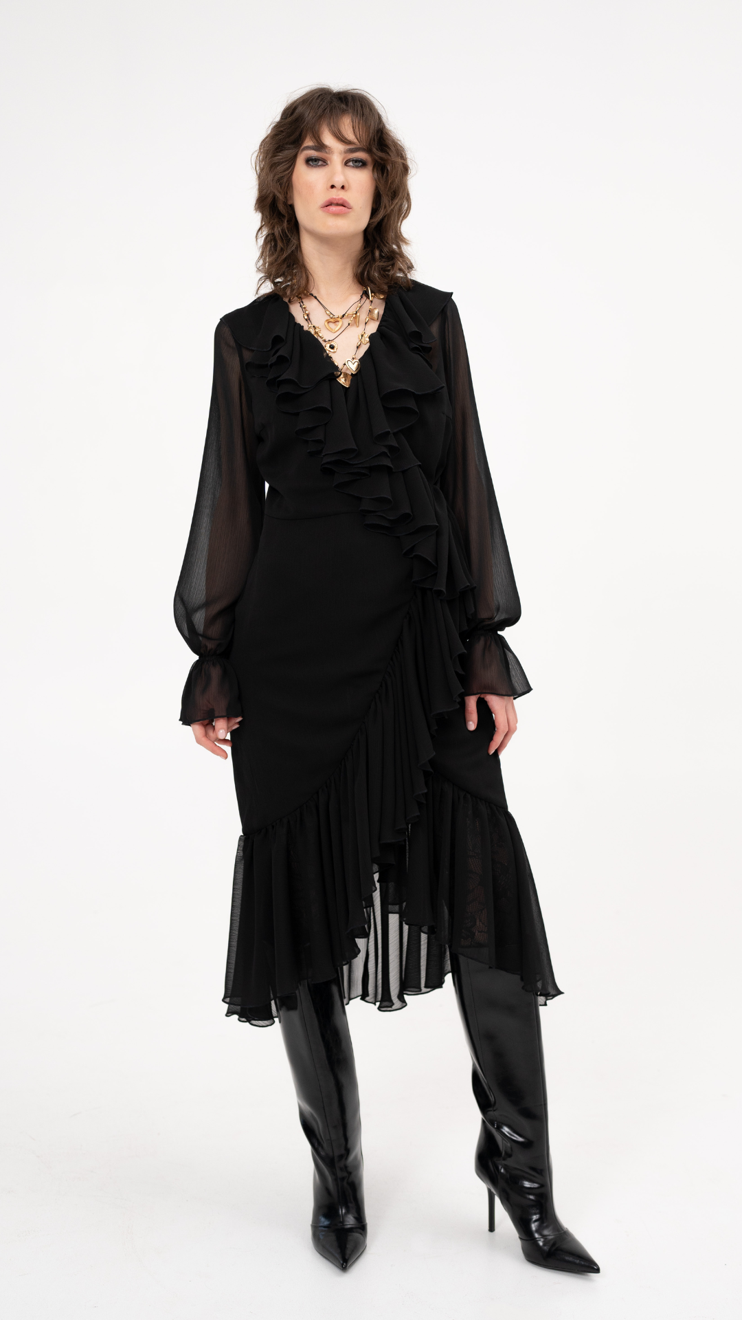 Ruffle chiffon midi dress with long sleeves in black- Heart Break City