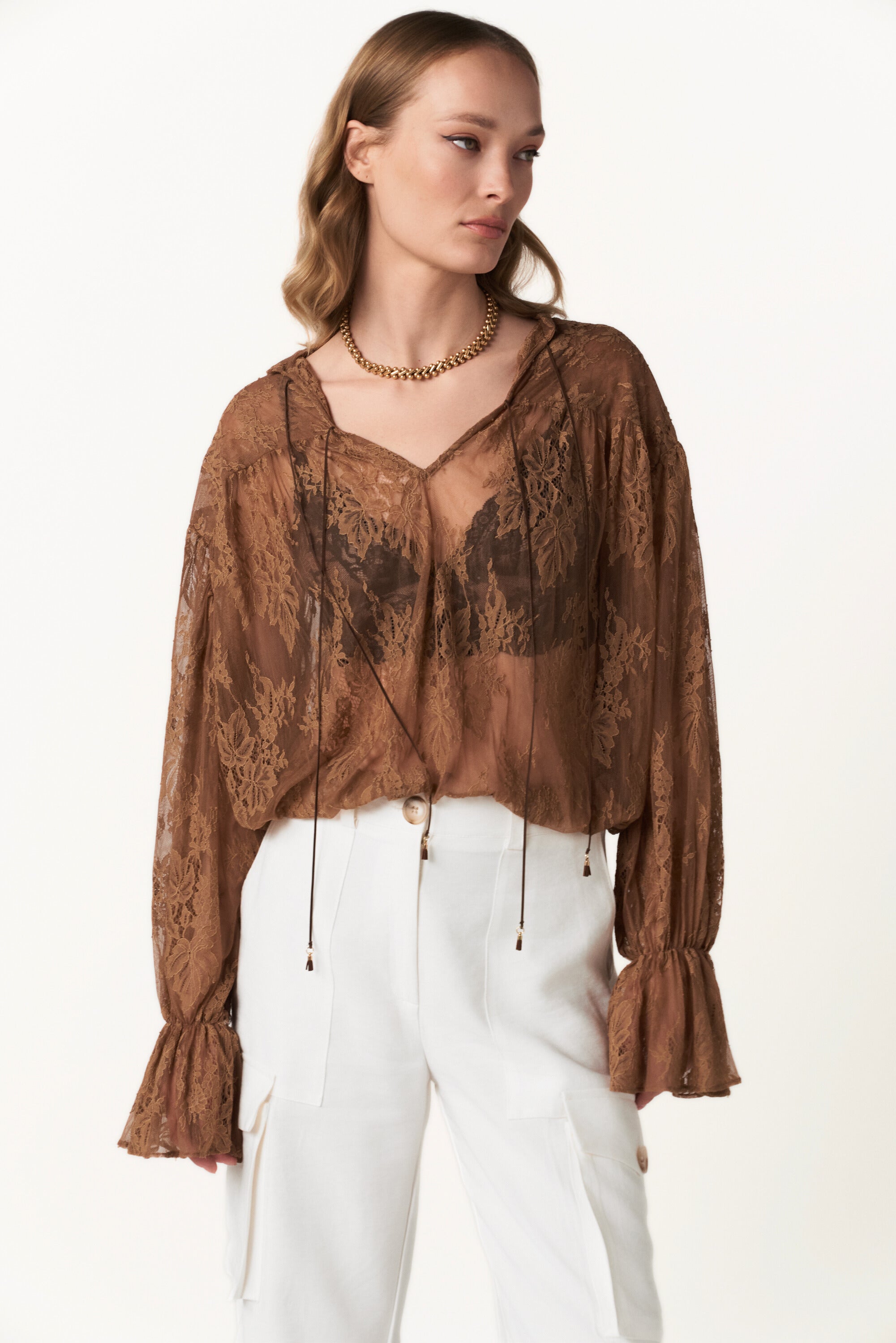 Sheer Brown Lace Blouse with Ties - Through the Light