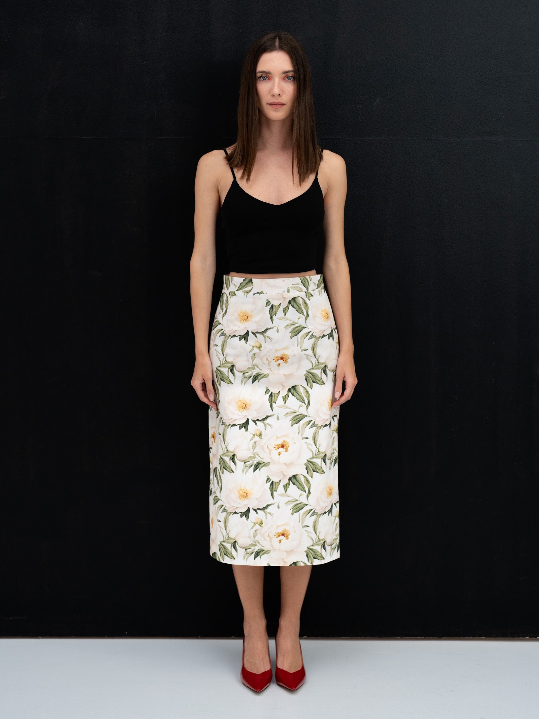 floral midi skirt, peony print skirt, floral pencil skirt, designer floral skirt, midi skirt women, elegant floral skirt, high waisted midi skirt, luxury women's clothing, contemporary womenswear, statement floral skirt, romantic fashion, designer midi skirt, floral occasion skirt, Amoriter skirt, floral print clothing
