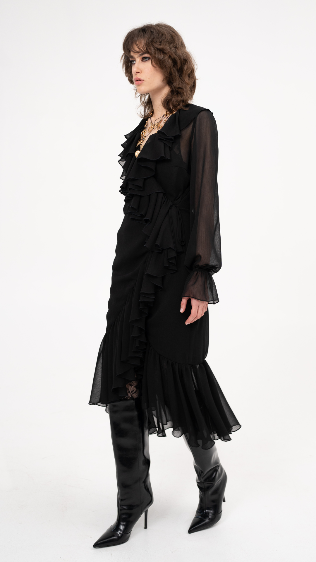 Ruffle chiffon midi dress with long sleeves in black- Heart Break City