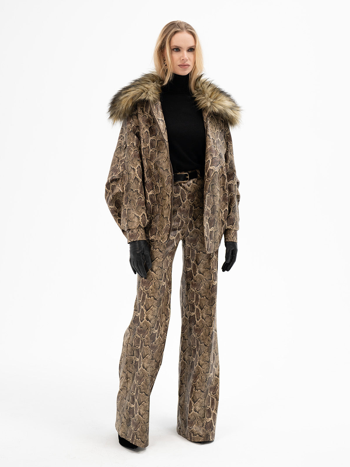 crowned with an oversized faux fur collar