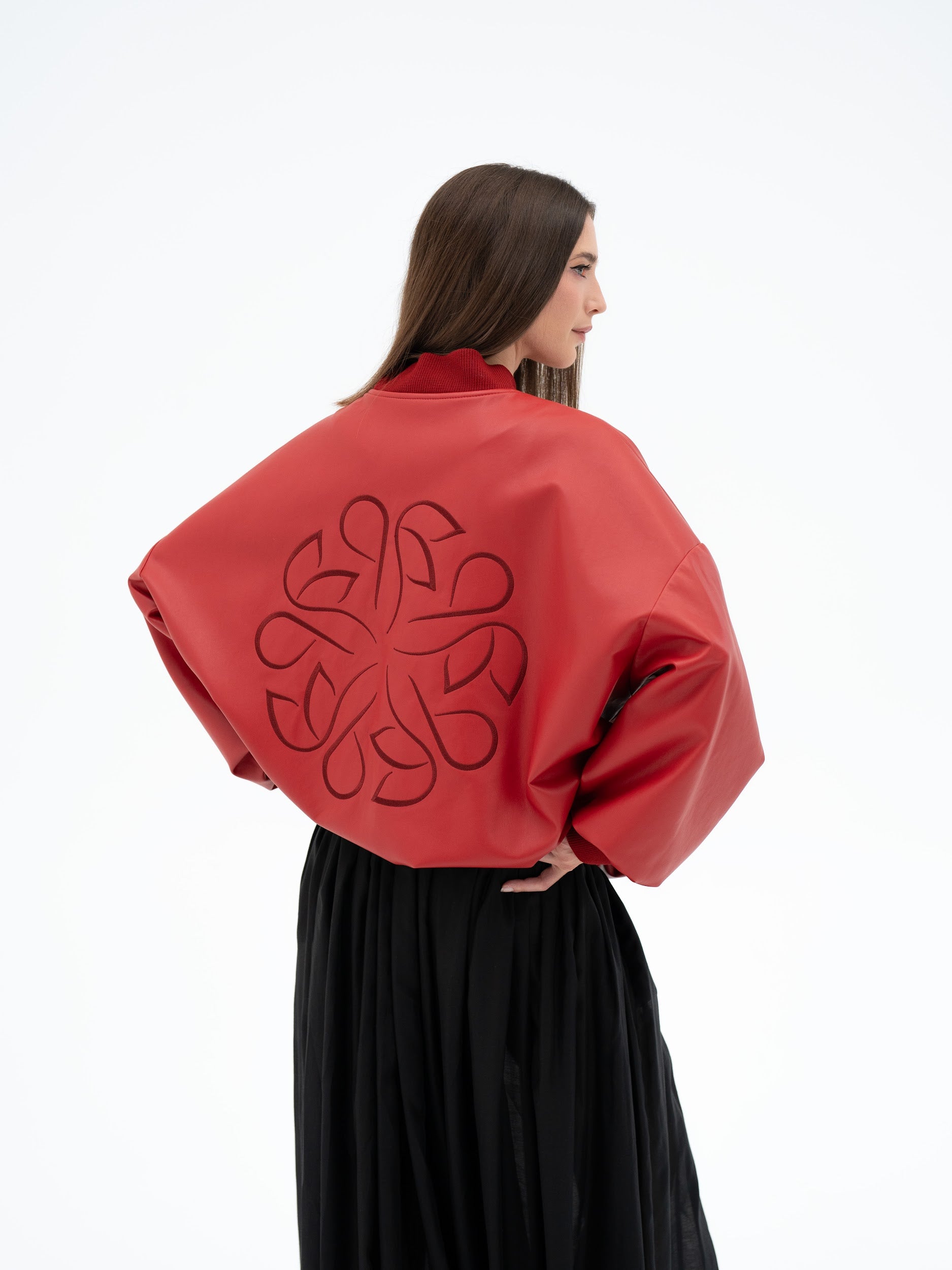 MUSUBI RED FAUX LEATHER BOMBER JACKET