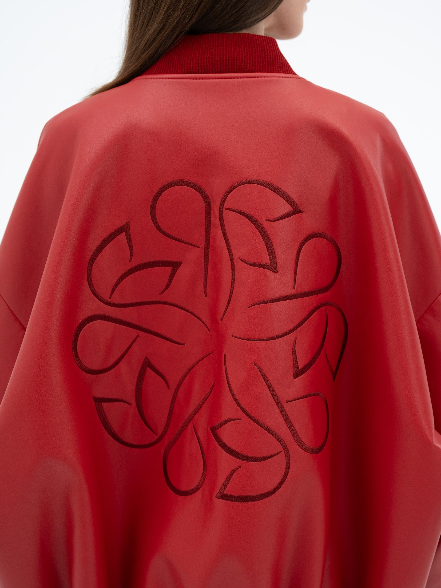 MUSUBI RED FAUX LEATHER BOMBER JACKET