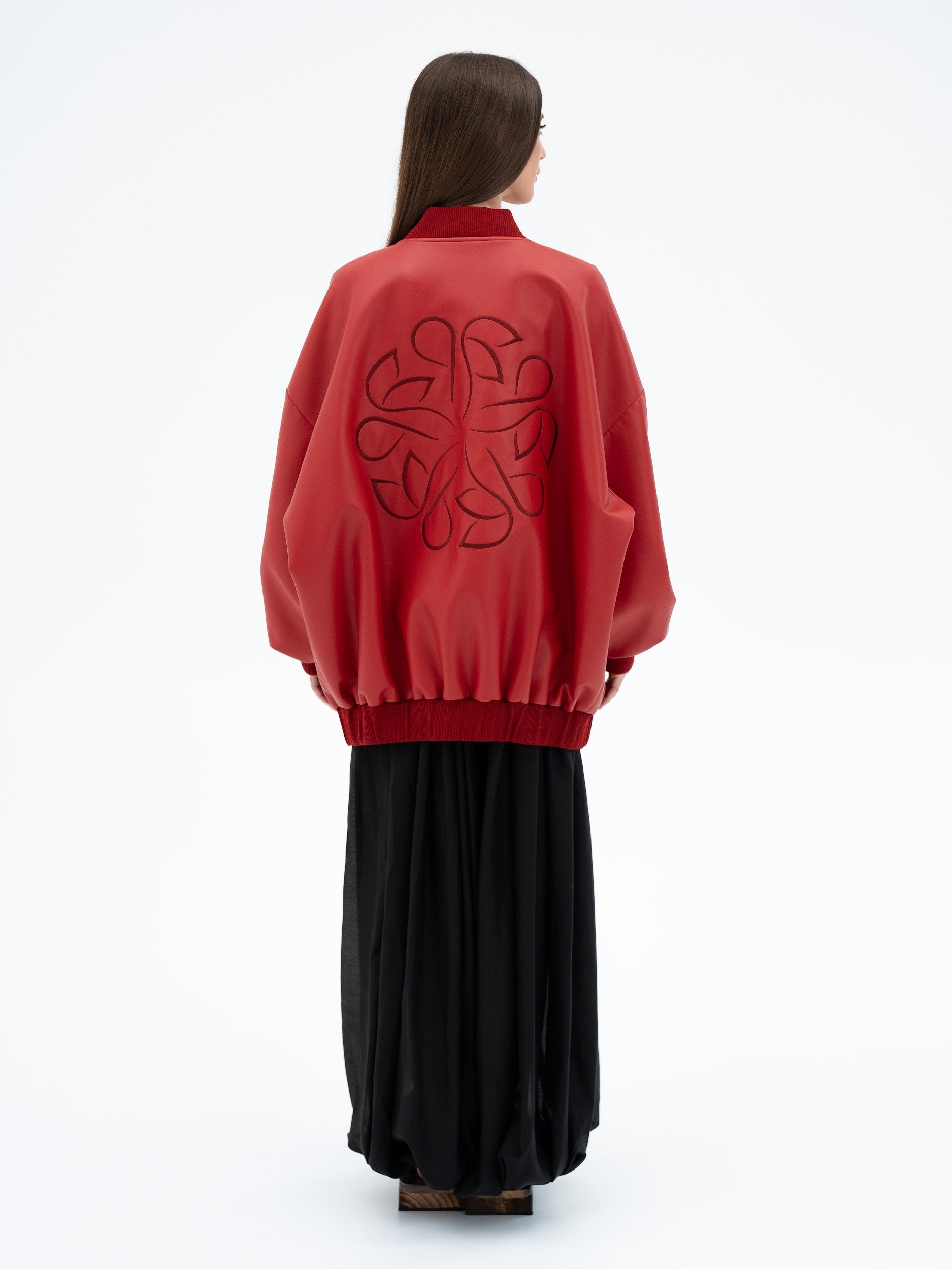 MUSUBI RED FAUX LEATHER BOMBER JACKET