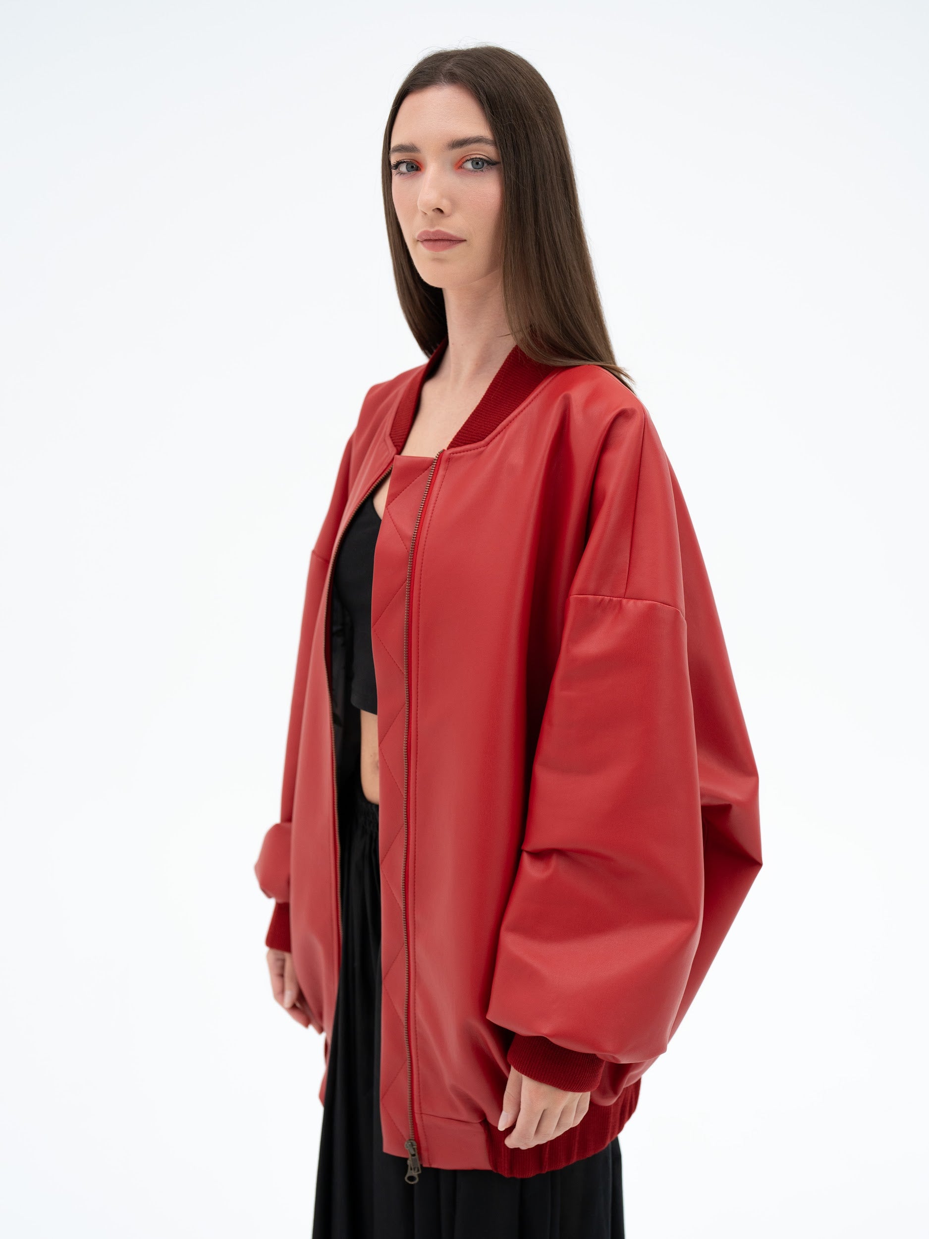 MUSUBI RED FAUX LEATHER BOMBER JACKET