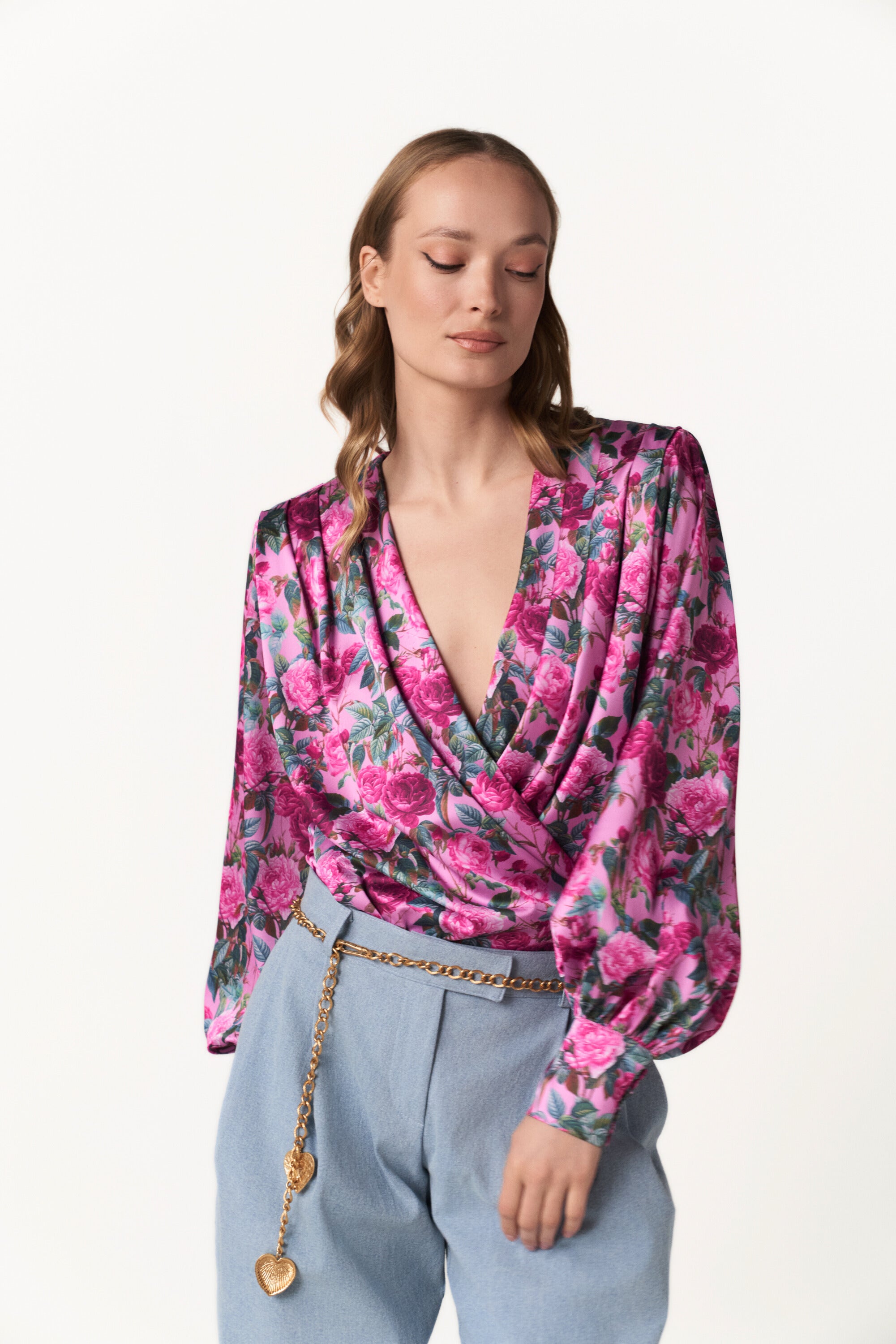Draped Floral Satin Blouse - Bloom Force