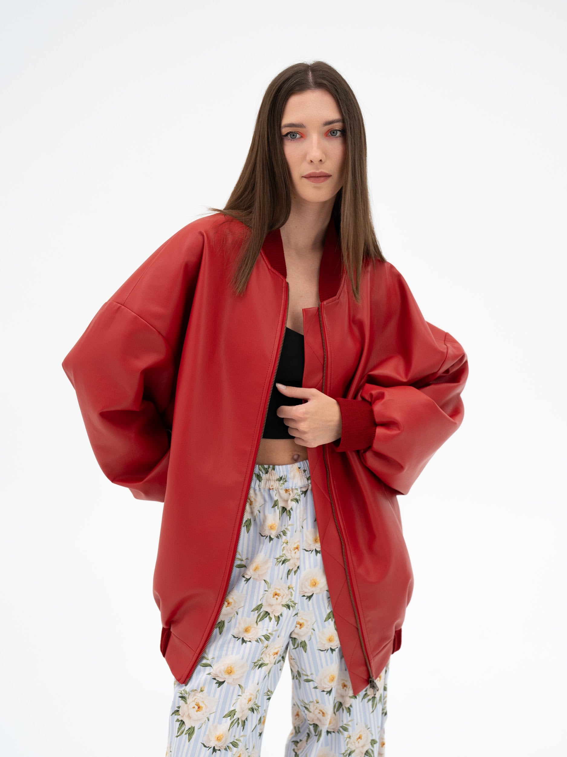 MUSUBI RED FAUX LEATHER BOMBER JACKET
