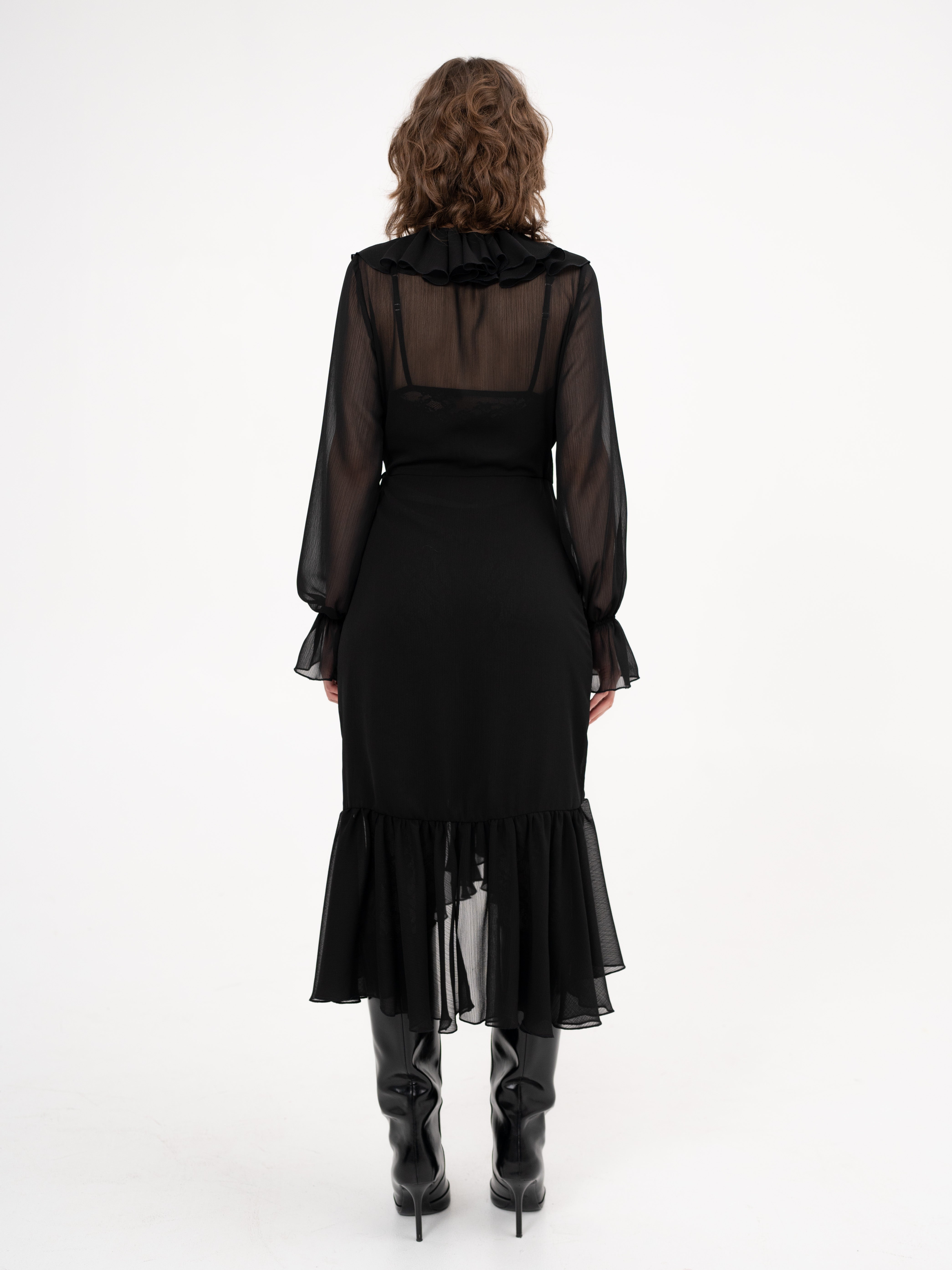 Ruffle chiffon midi dress with long sleeves in black- Heart Break City