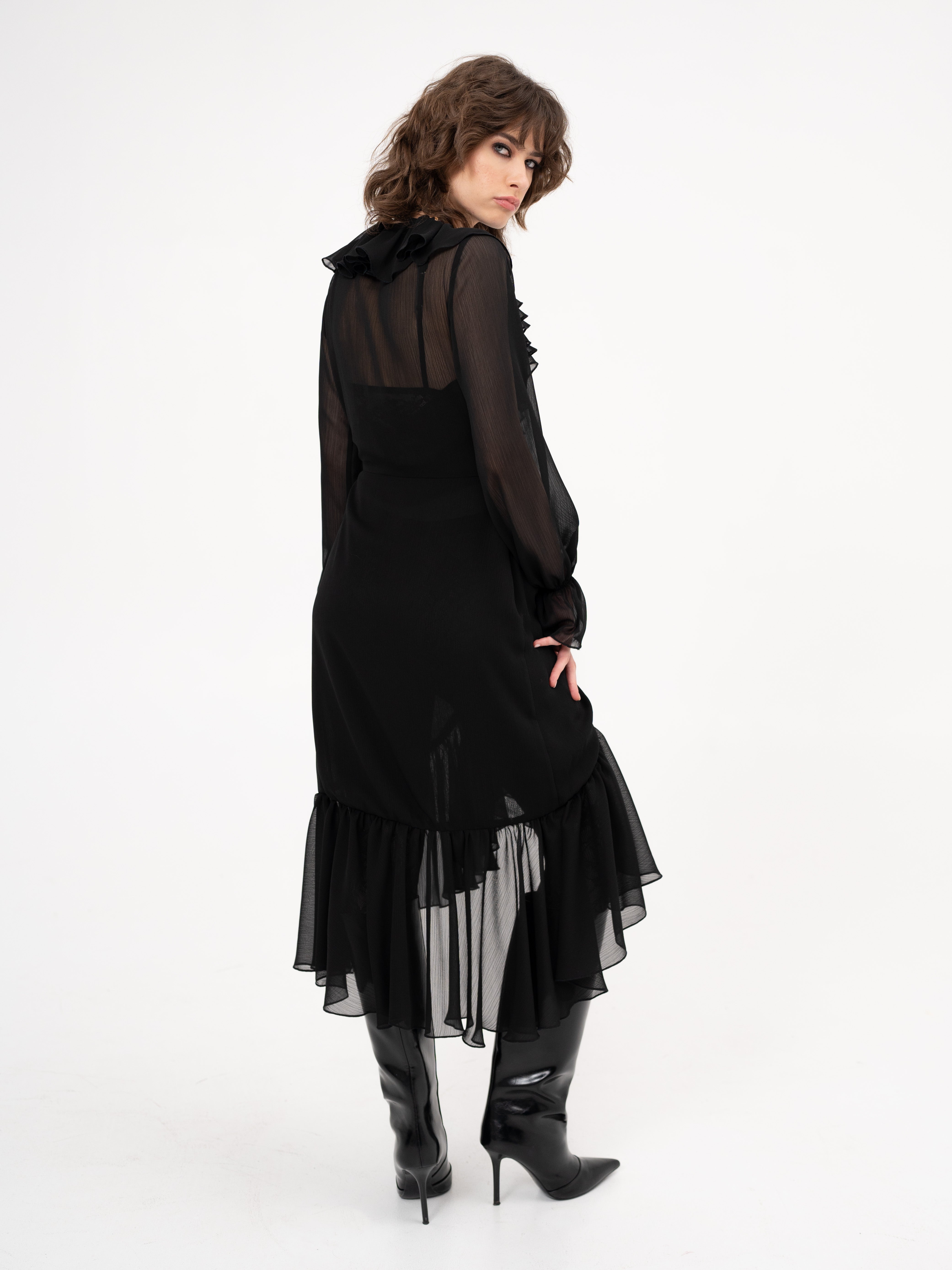 Ruffle chiffon midi dress with long sleeves in black- Heart Break City