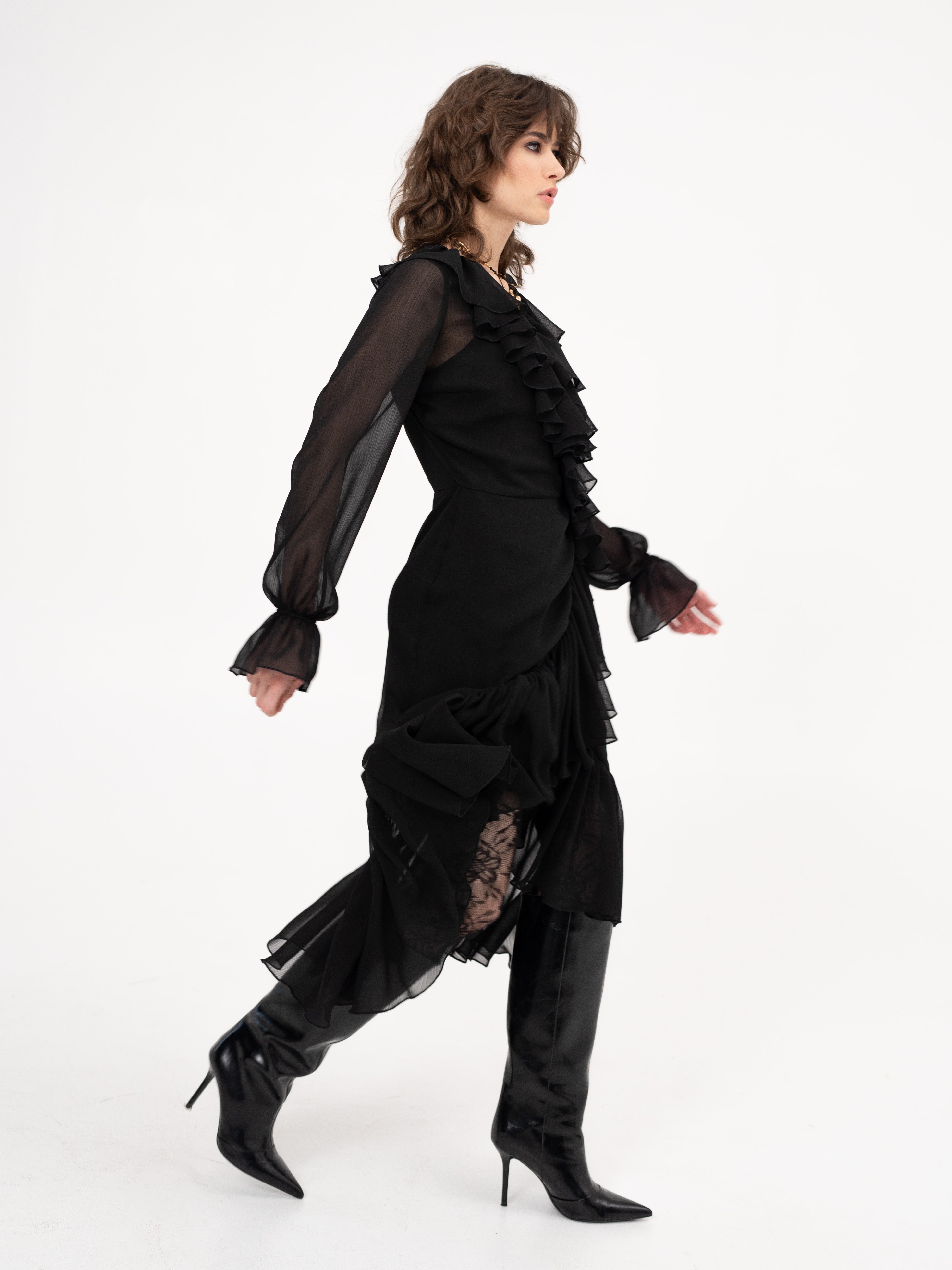Ruffle chiffon midi dress with long sleeves in black- Heart Break City