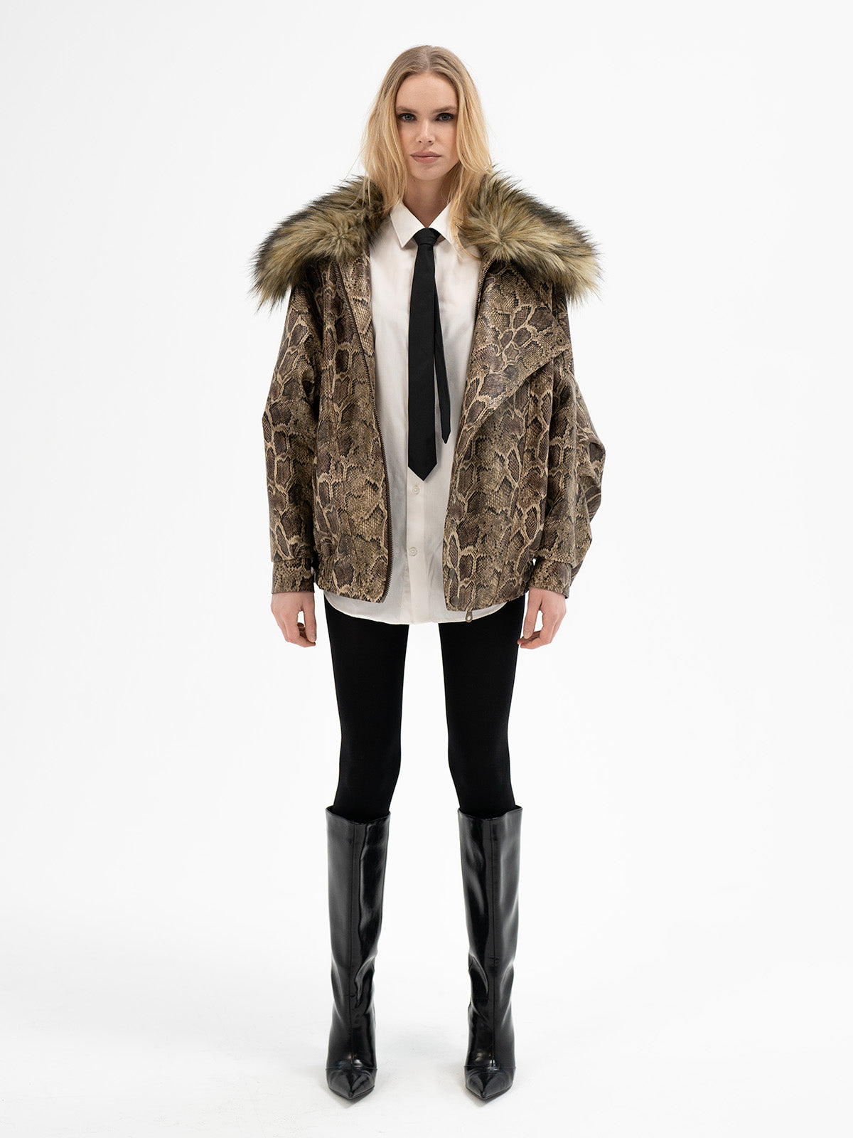 Faux Leather Snake Print Bomber