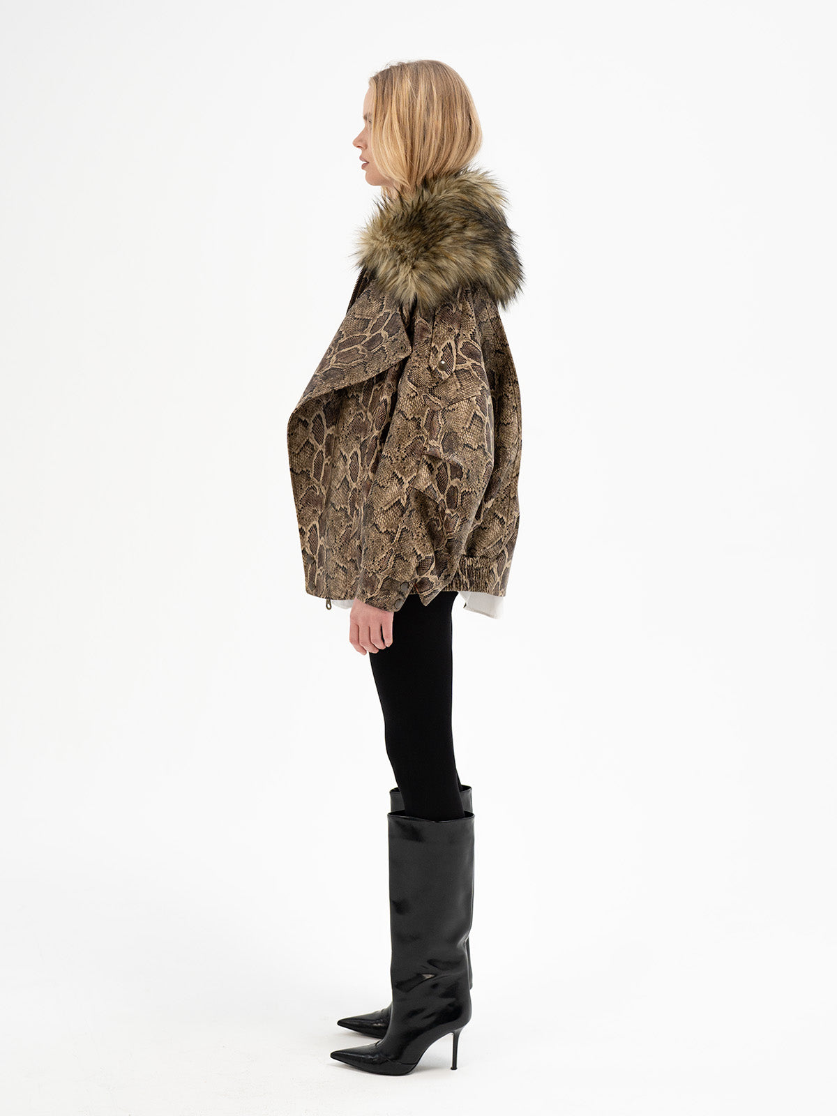Faux Leather Snake Print Bomber with an oversized faux fur collar - Uruz Rune