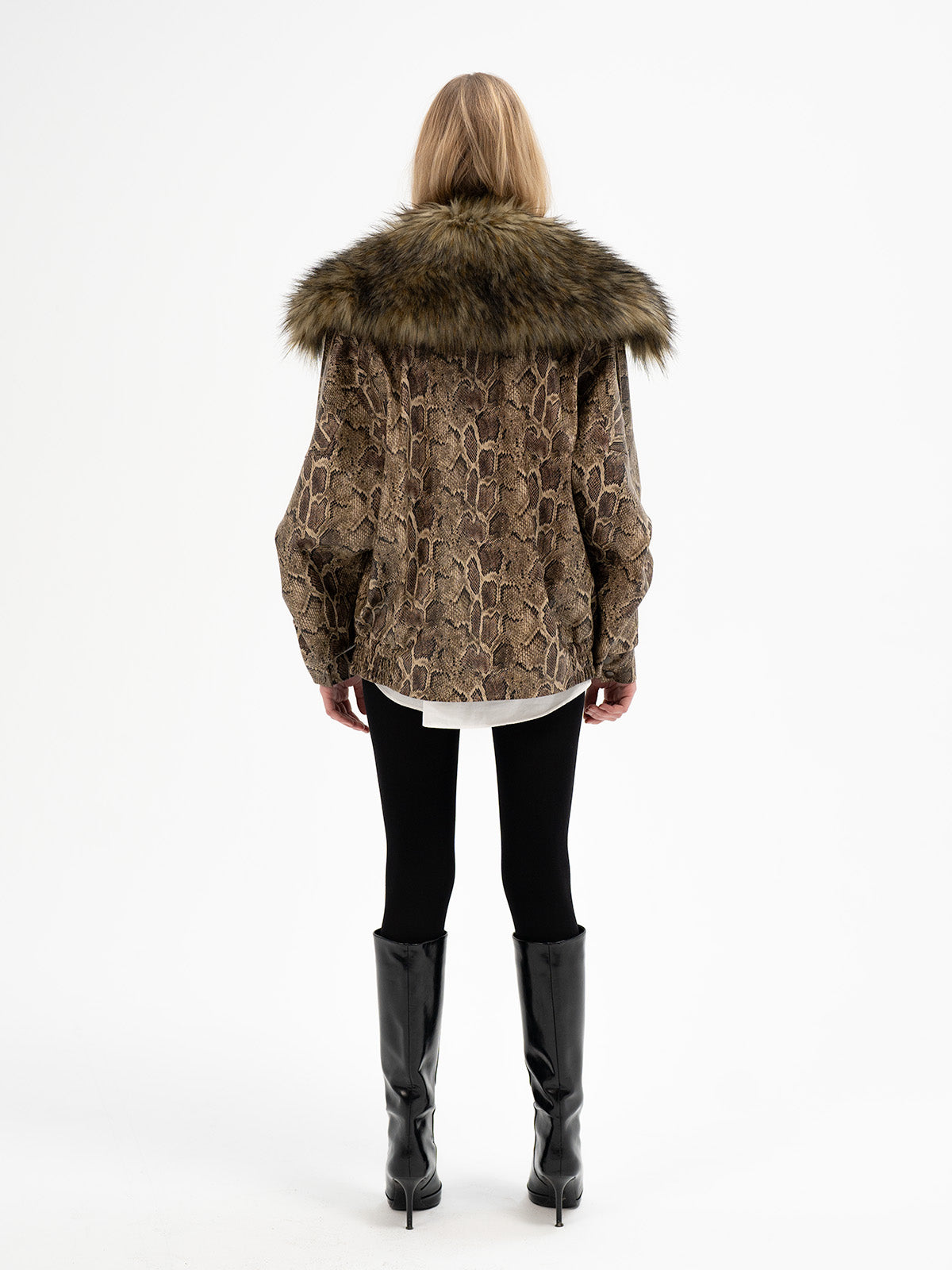 Faux Leather Snake Print Bomber with an oversized faux fur collar - Uruz Rune