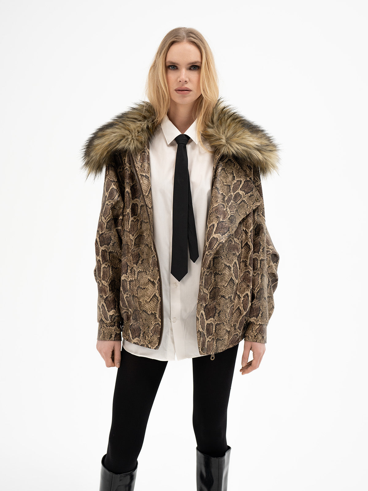 Faux Leather Snake Print Bomber with an oversized faux fur collar - Uruz Rune