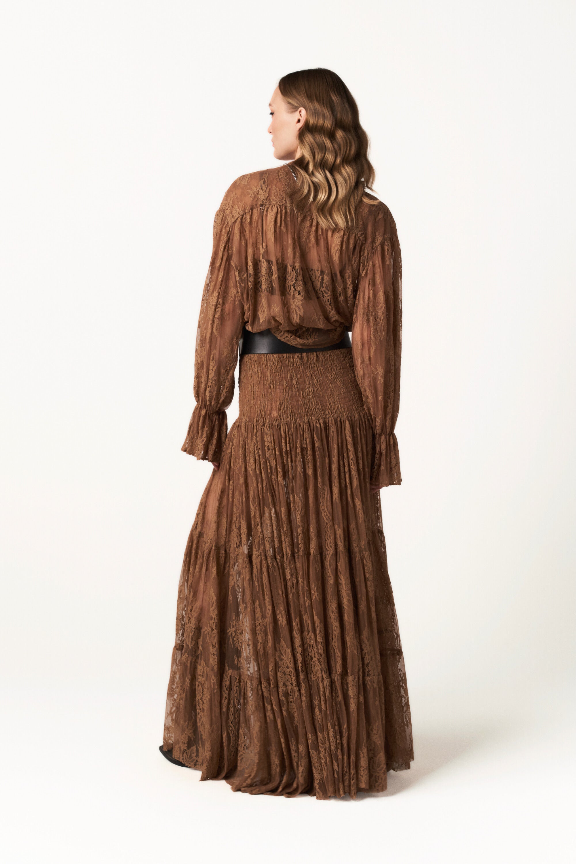 Sheer Brown Lace Blouse with Ties - Through the Light