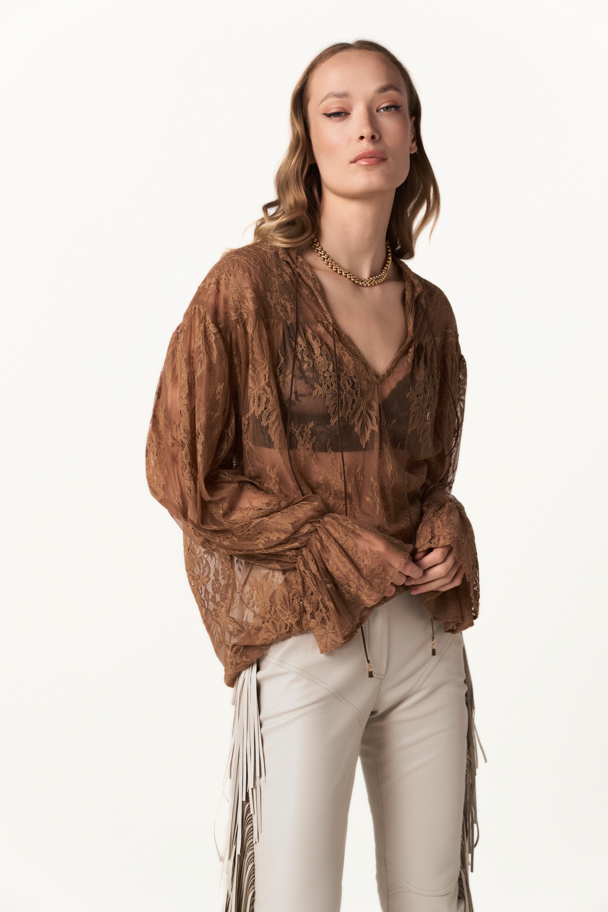 Sheer Brown Lace Blouse with Ties - Through the Light