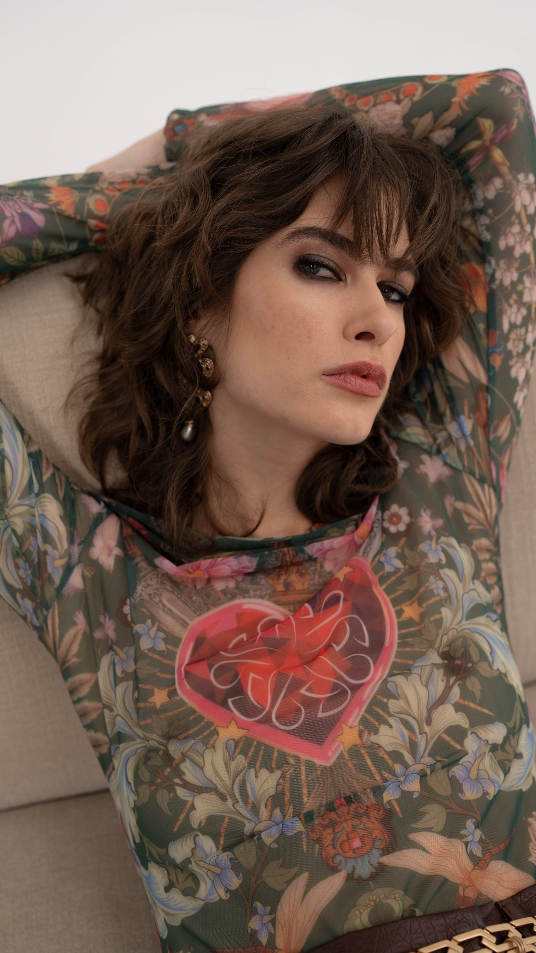 Printed Long Sleeve Mesh Top in Green - Graffiti Heart