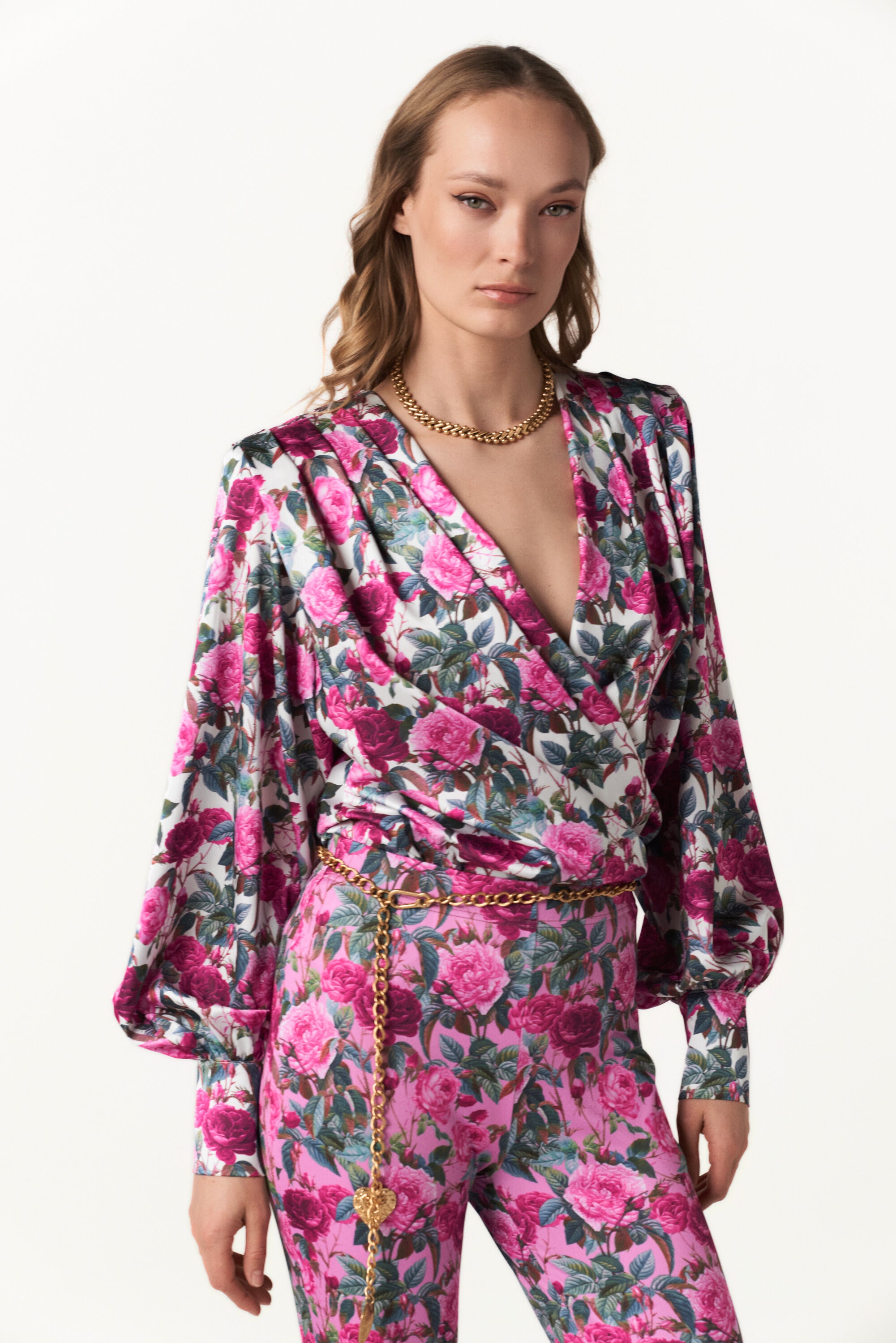 Draped Floral Satin Blouse - Wrapped in Bloom