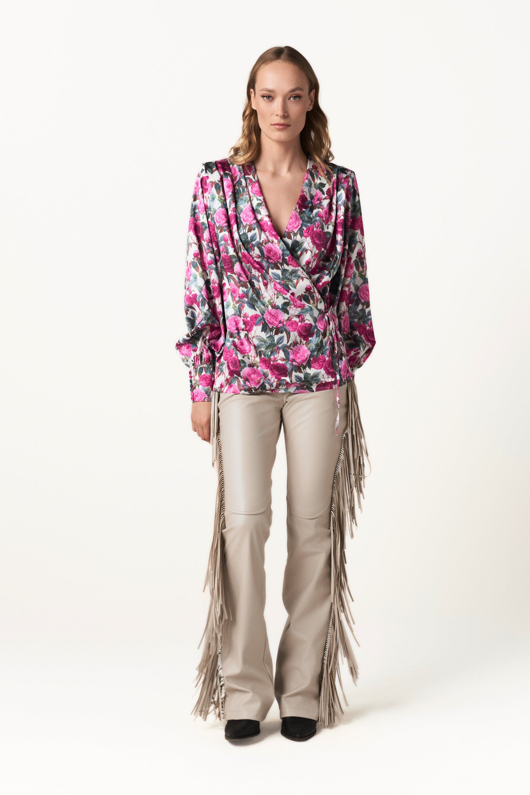 Draped Floral Satin Blouse - Wrapped in Bloom