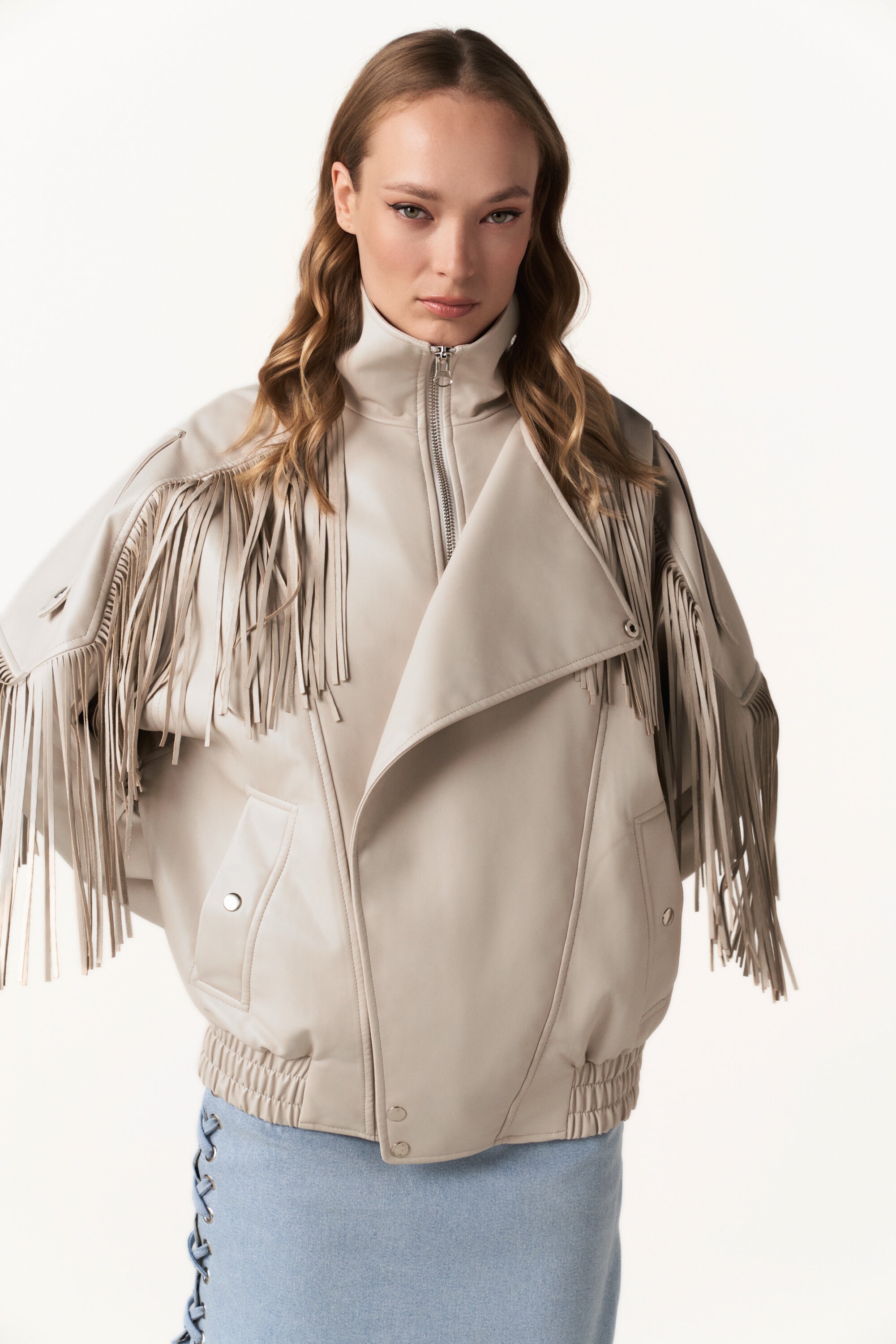 Fringed Faux Leather Bomber with Floral Lining - The Secret Bloom